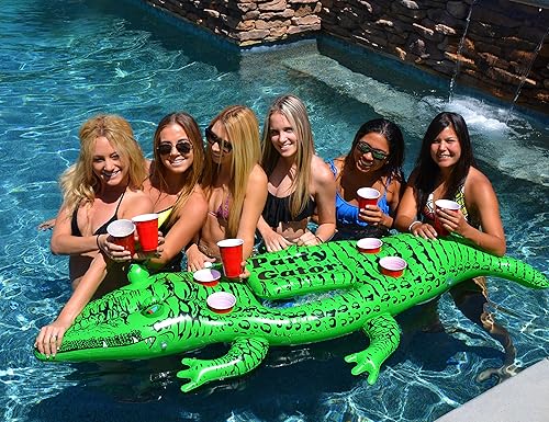 Miniatura 2 de GoFloats, flotante de cocodrilo gigante, con portavasos, fiesta, con enfriador, más de 6 pies de largo