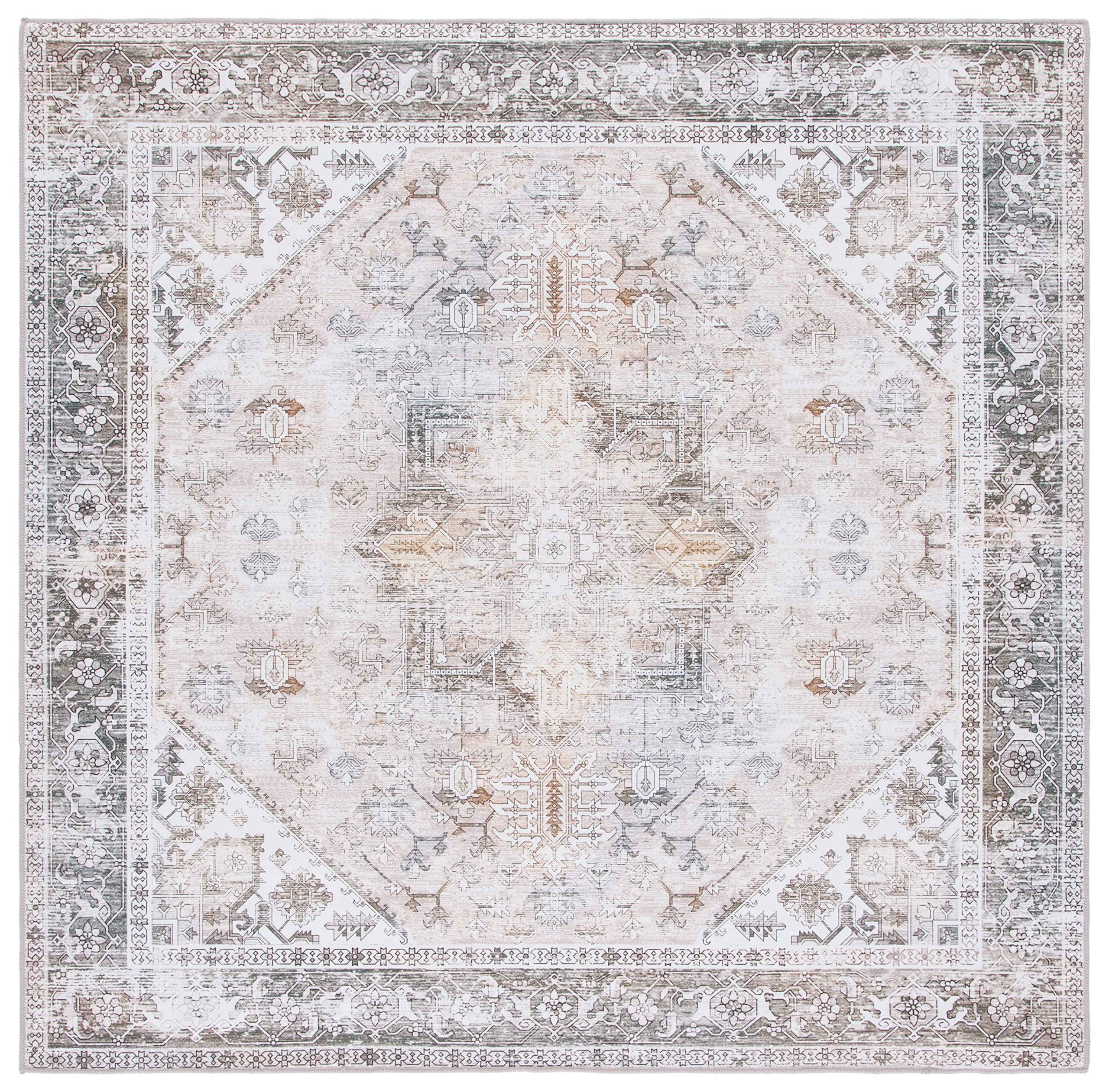 SAFAVIEH Washable Rug Tucson Collection - 3' Square, Beige & Grey, Slip Resistant, Ideal for High Traffic Areas in Living Room, Foyer, Bedroom (TSN102B-3SQ)