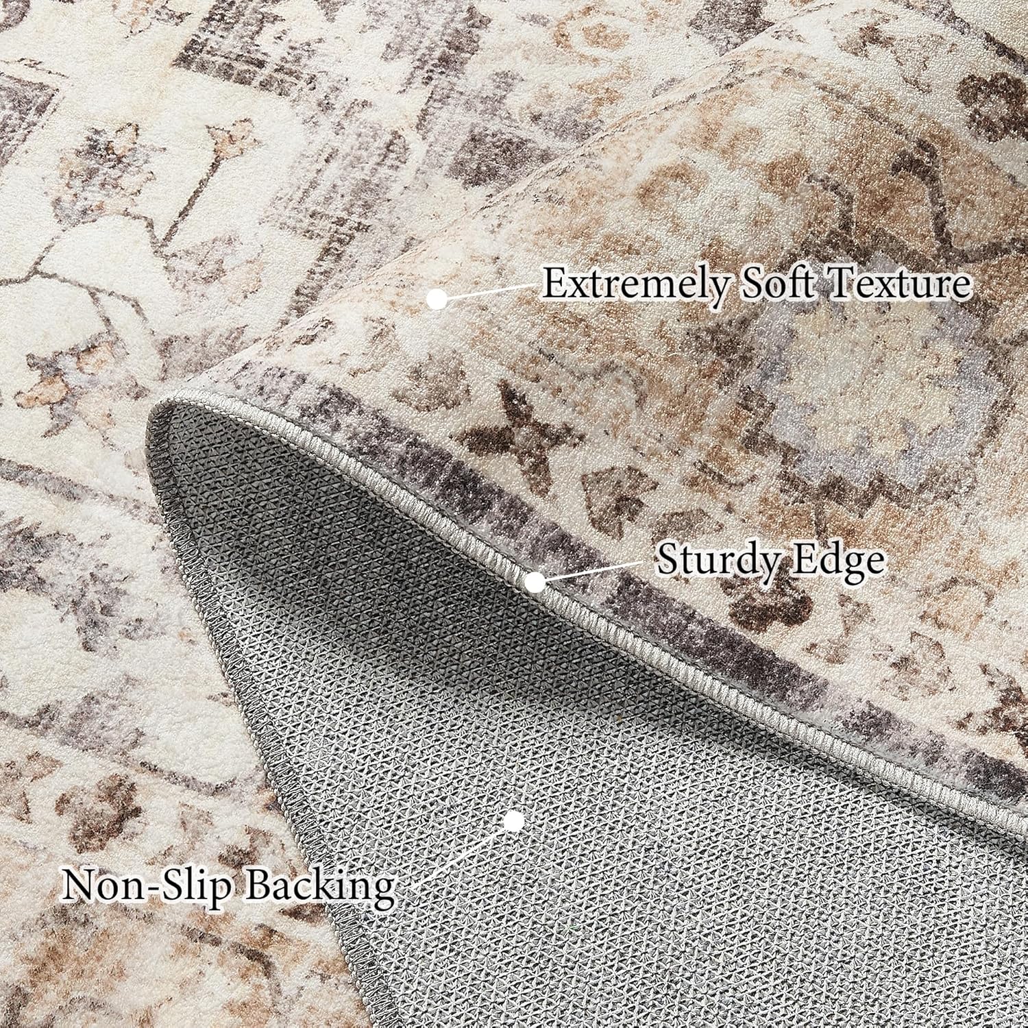 Art&Tuft Washable Rug 9x12, Area Rugs for Living Room - Anti Slip Low Pile Beige Rug, Vintage Stain Resistant 9x12 Rugs for Bedroom, Dining Room, Kitchen, Beige