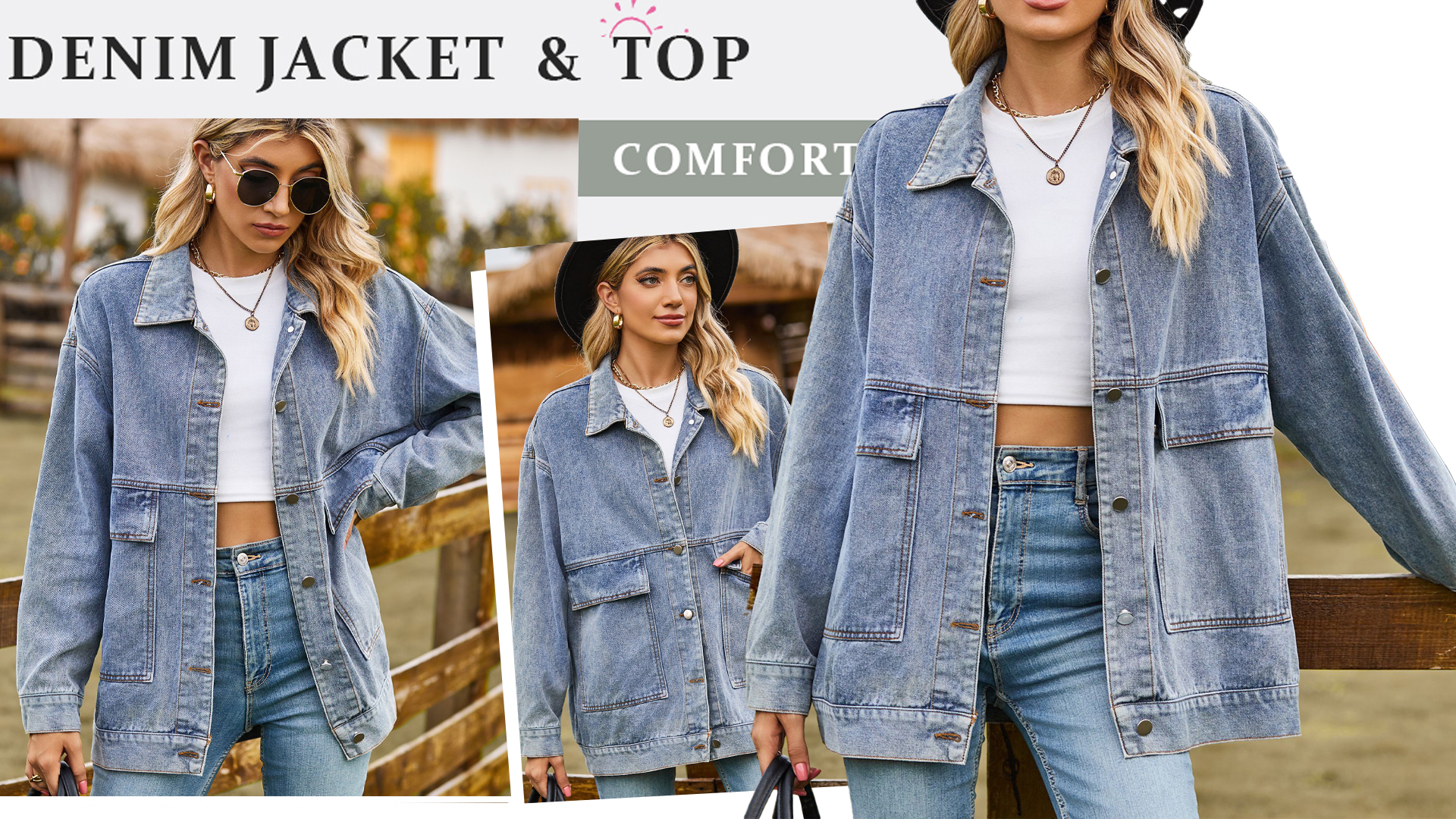 PAODIKUAI Women's Oversized Denim Jacket Casual Long Sleeve