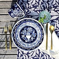 Vista 2 de Euro Ceramica Blue Garden 16 Piece Oven Safe Hand Painted Stoneware Dinnerware Set, Service for 4, Bold Vase Design/Floral Pattern, White and blue