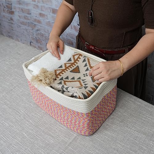 Miniatura 3 de Cesta de almacenamiento de cuerda de algodón, cesta tejida para organizar estantes, cestas decorativas rectangulares para almacenamiento de ropa,