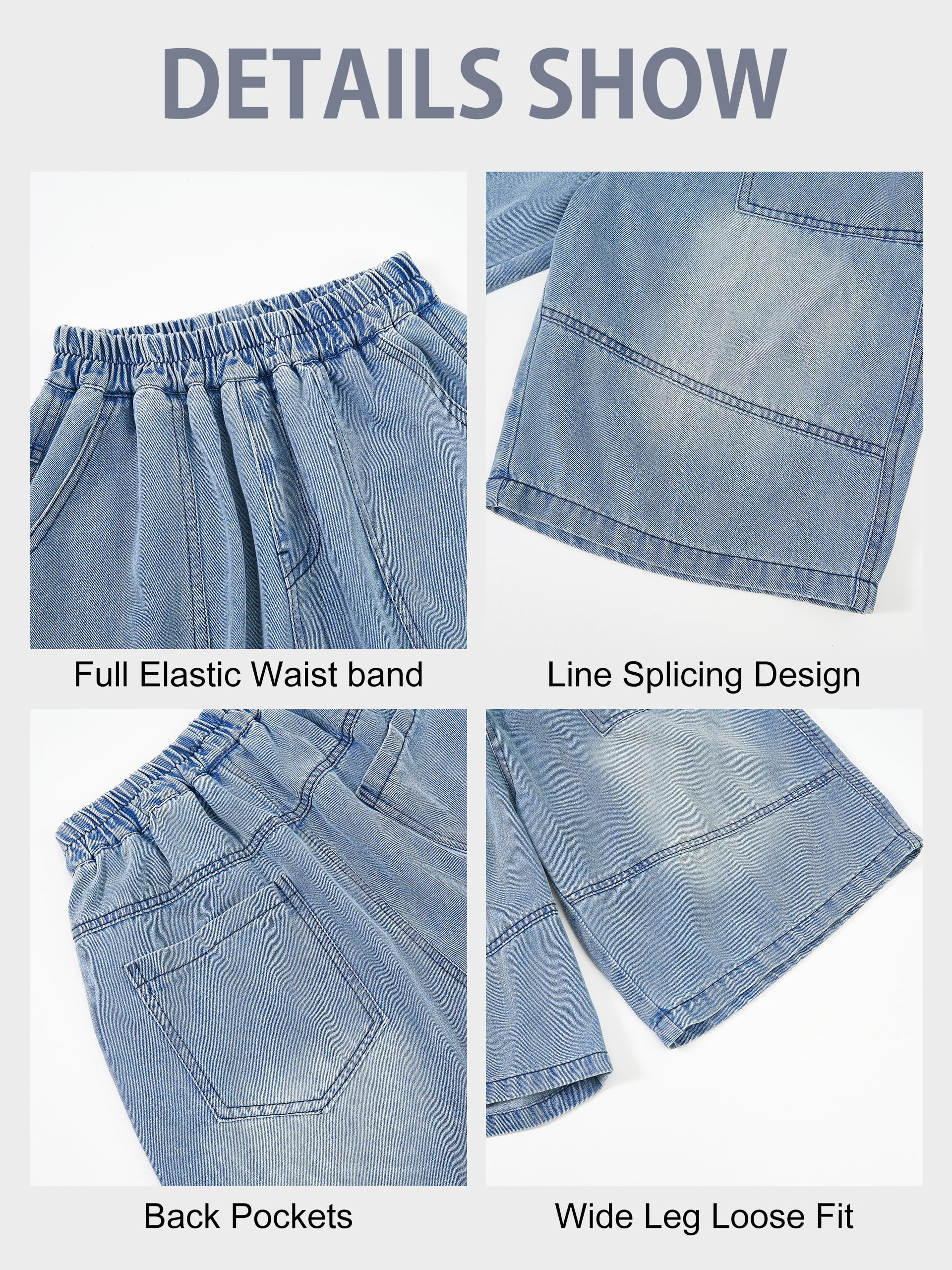 Rolanko Pantalones Cortos Vaqueros Holgados para Niños, Cintura Elástica Pierna Ancha Pantalones Cortos Vaqueros de Verano hasta La Rodilla