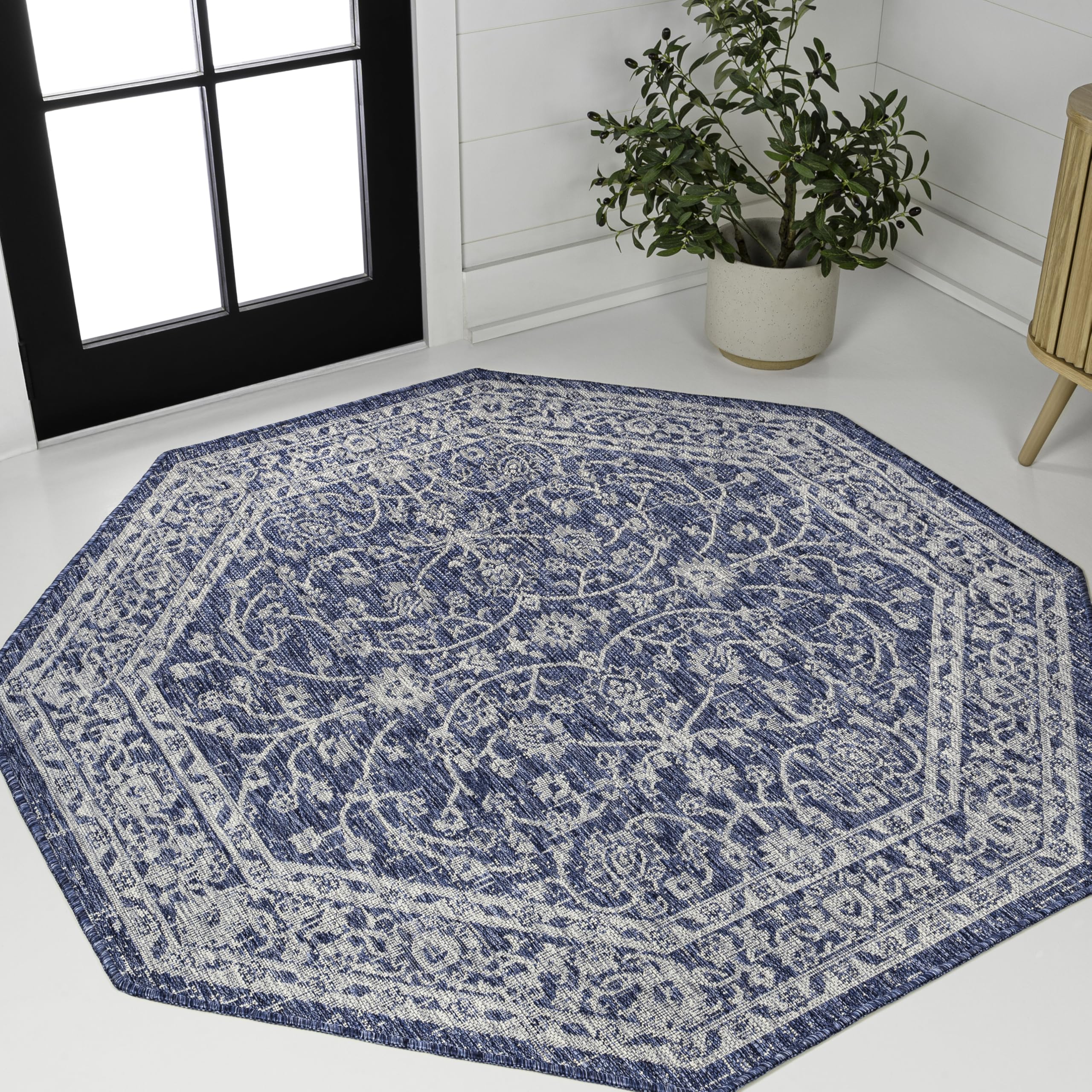 JONATHAN Y SMB103A-5TGN Palazzo Vine and Border Textured Weave Navy/Gray 5' Octagon Indoor/Outdoor Area Rug, Non-Shedding, Stain Resistant, Fade Resistant, Easy-Cleaning for Backyard Patio, Porch