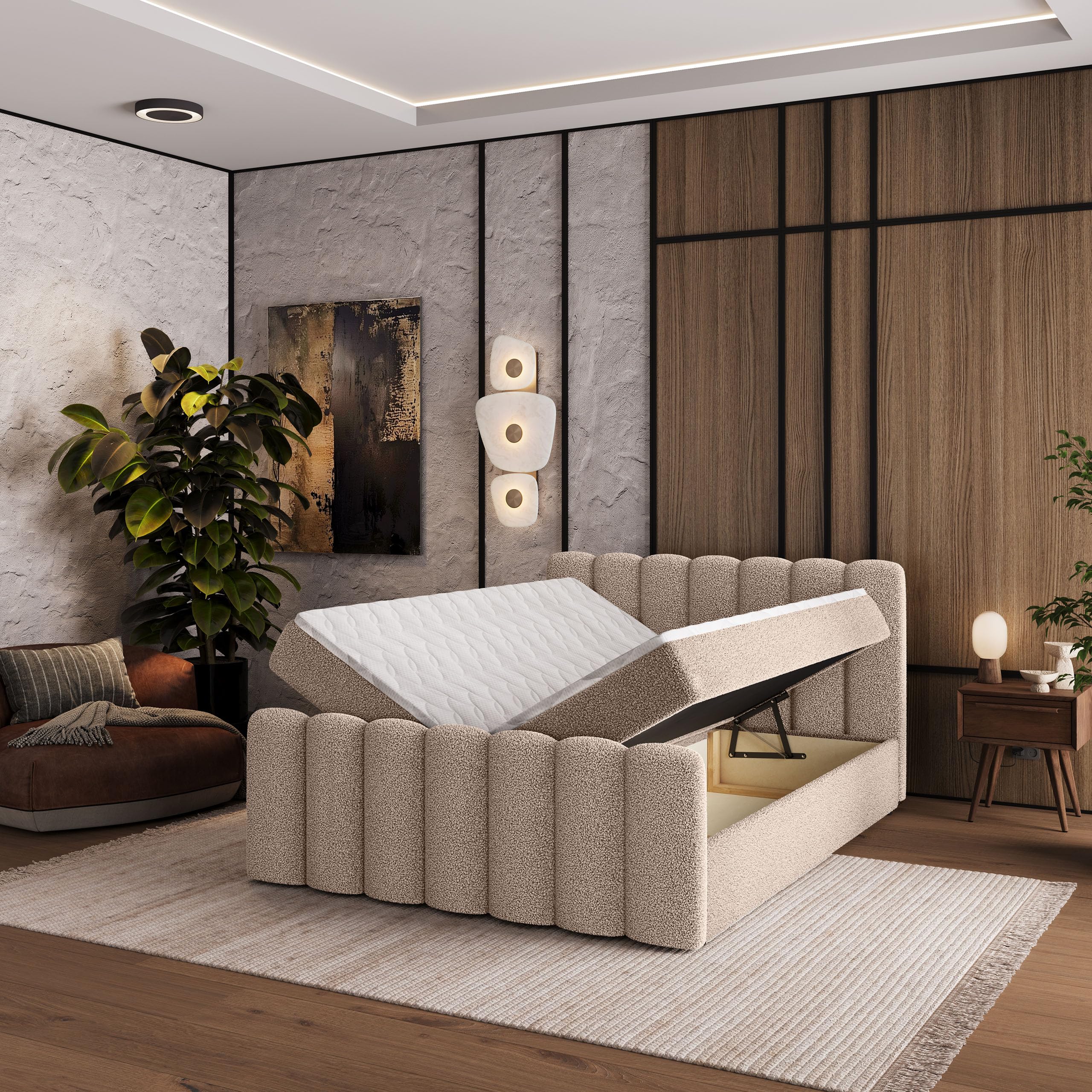 Masseno Boxspringbett CELLA Q 140x200 cm Komplett-Set mit Matratze und Topper, Polsterbett mit Zwei Bettkästen -Beige, Quelle 05