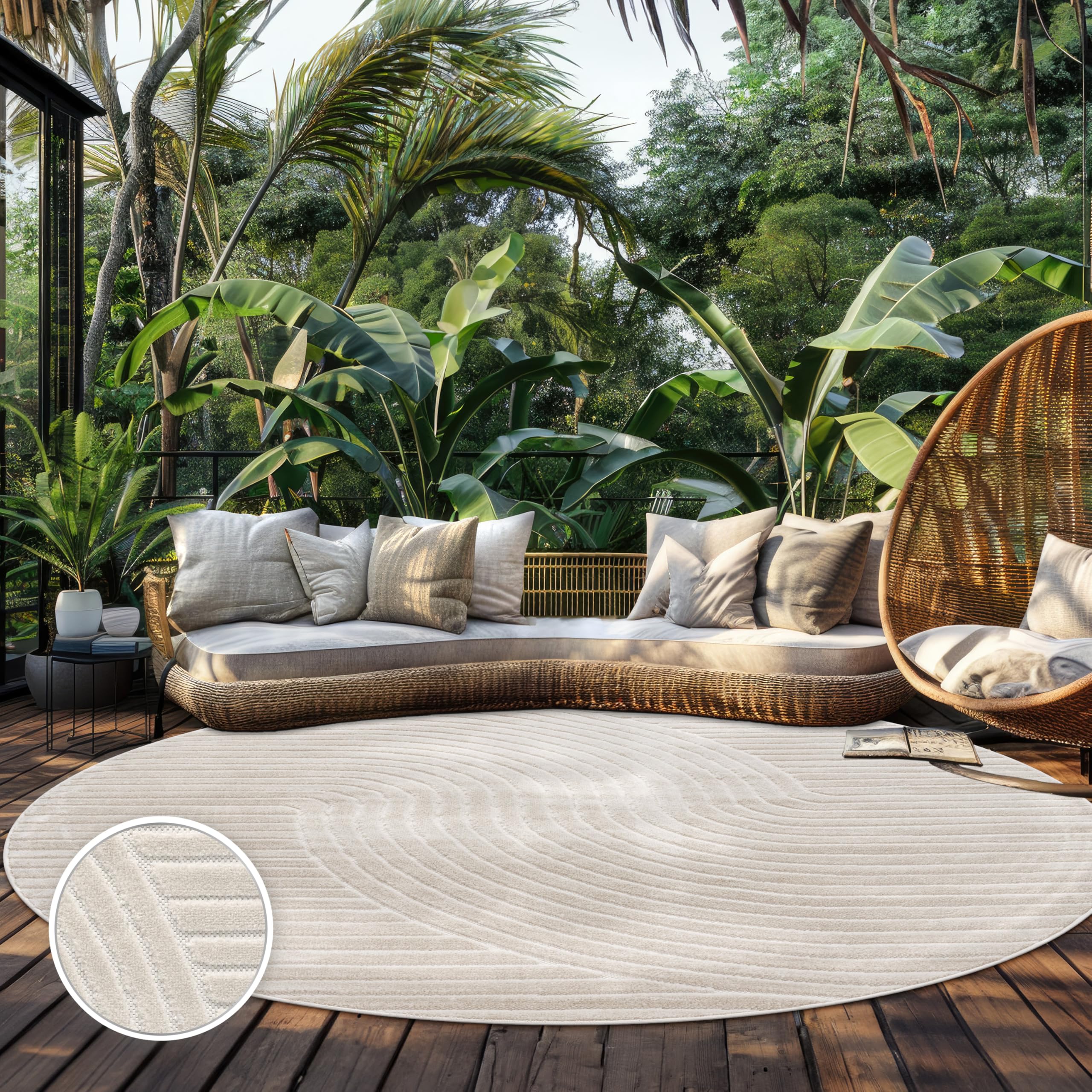 Paco Home Alfombra Salon De Habitacion Cocina Exterior Terraza Jardin Motivo Nordica Motivo Boho Chic Lisa, tamaño:Ø 120 cm Redon, Color:Crema 2 OEKO-TEX STANDARD 100