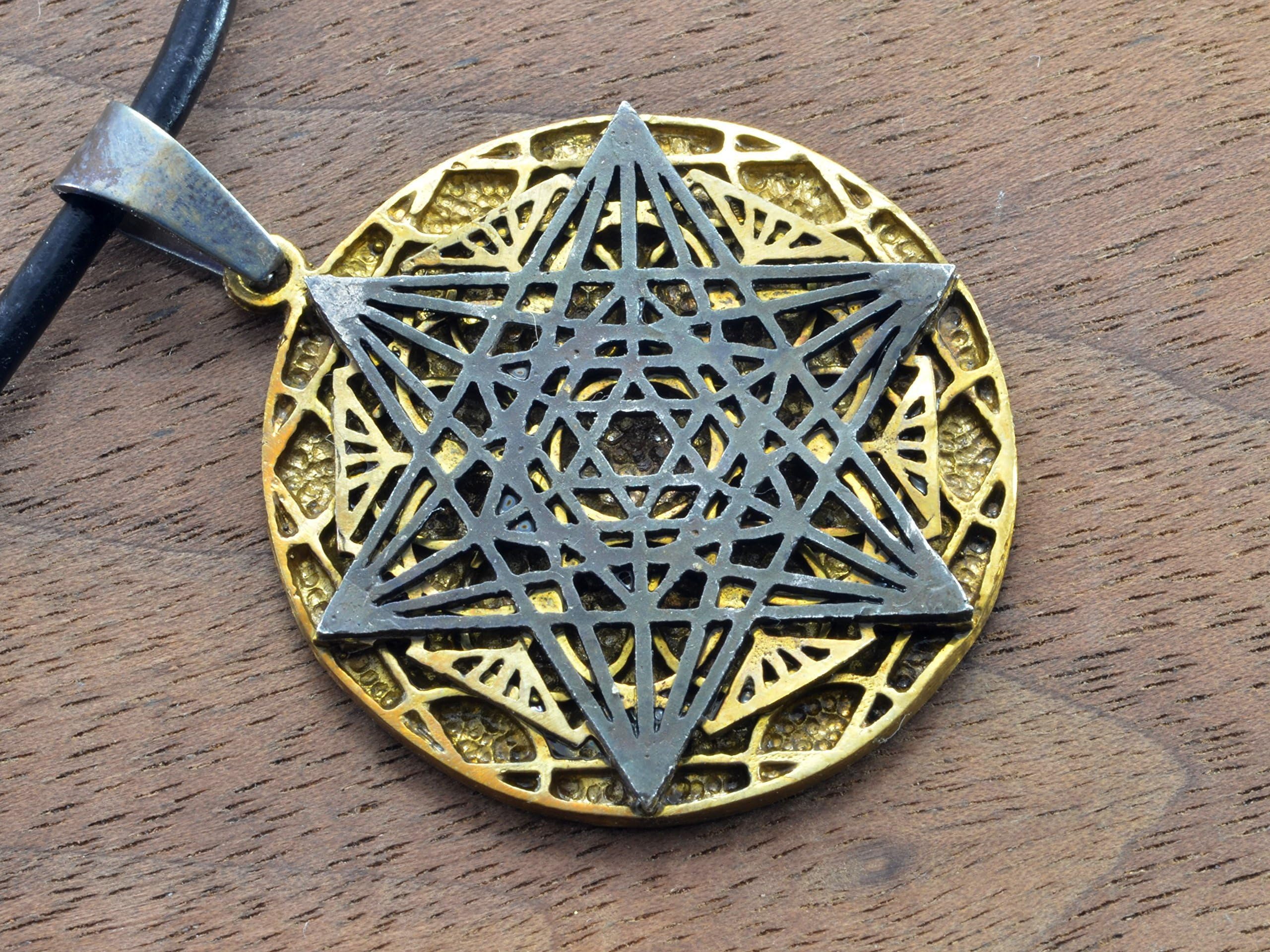 Sacred Geometry Project - round Hyper-dimensional Tetrahedron pendant - dark variation - black and gold - three layers.