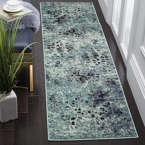 SAFAVIEH Monaco Collection MNC225J Boho Chic Abstract Watercolor Non-Shedding Living Room Bedroom Runner, 2'2" x 12' , Light Blue / Multi