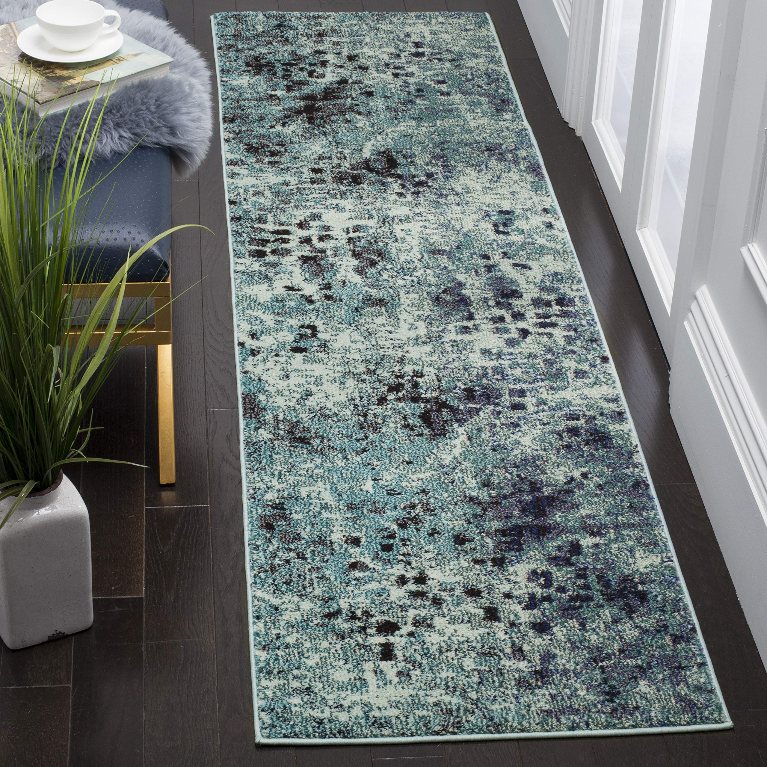 SAFAVIEH Monaco Collection Runner Rug - 2'2" x 12', Light Blue & Multi, Boho Chic Abstract Watercolor Design, Non-Shedding & Easy Care, Ideal for High Traffic Areas in Living Room, Bedroom (MNC225J)
