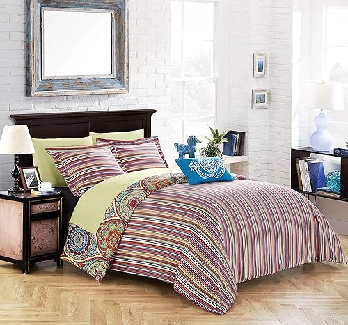 Miniatura 2 de Chic Home Juego de edredón de 6 piezas Chennai reversible inspirado en boho y técnica contemporánea de rayas en una bolsa, tamaño individual, color