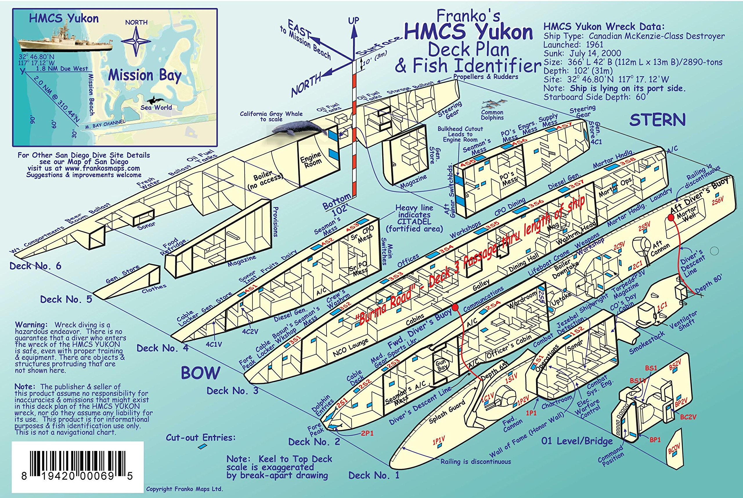 HMCS Yukon Wreck Deck Plan & San Diego Kelp Forest Creatures Guide Franko Maps Laminated Fish Card