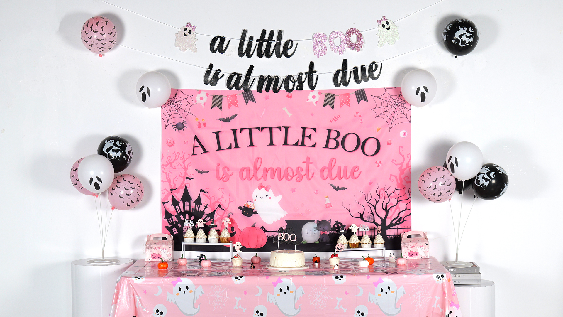 Pink-Schwarze Halloween-Geburtstagsdekoration – Banner „Our Little Boo Is One“ Mit Tortenaufsatz & Girlande
