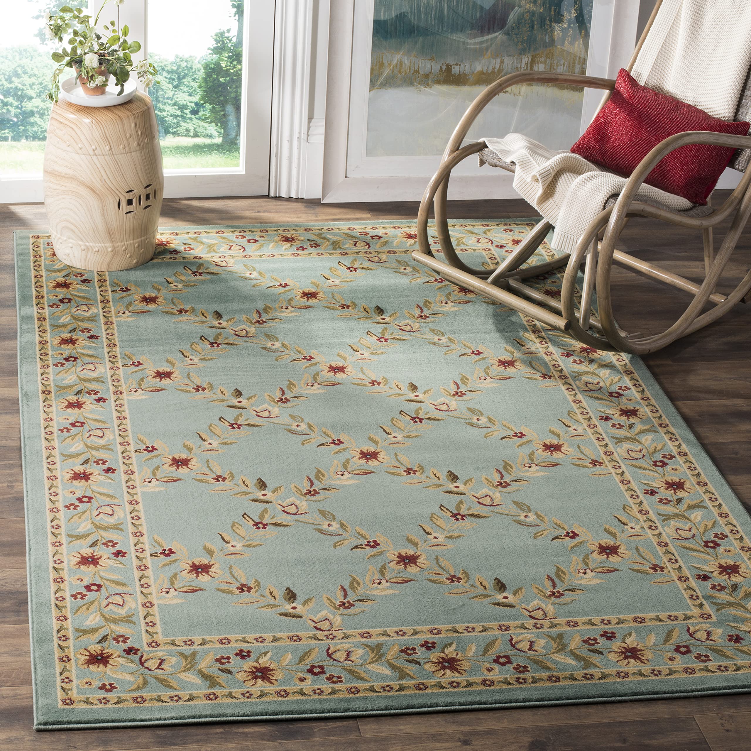 SAFAVIEH Lyndhurst Collection Area Rug - 8' x 11', Blue & Blue, Traditional Floral Trellis Design, Non-Shedding & Easy Care, Ideal for High Traffic