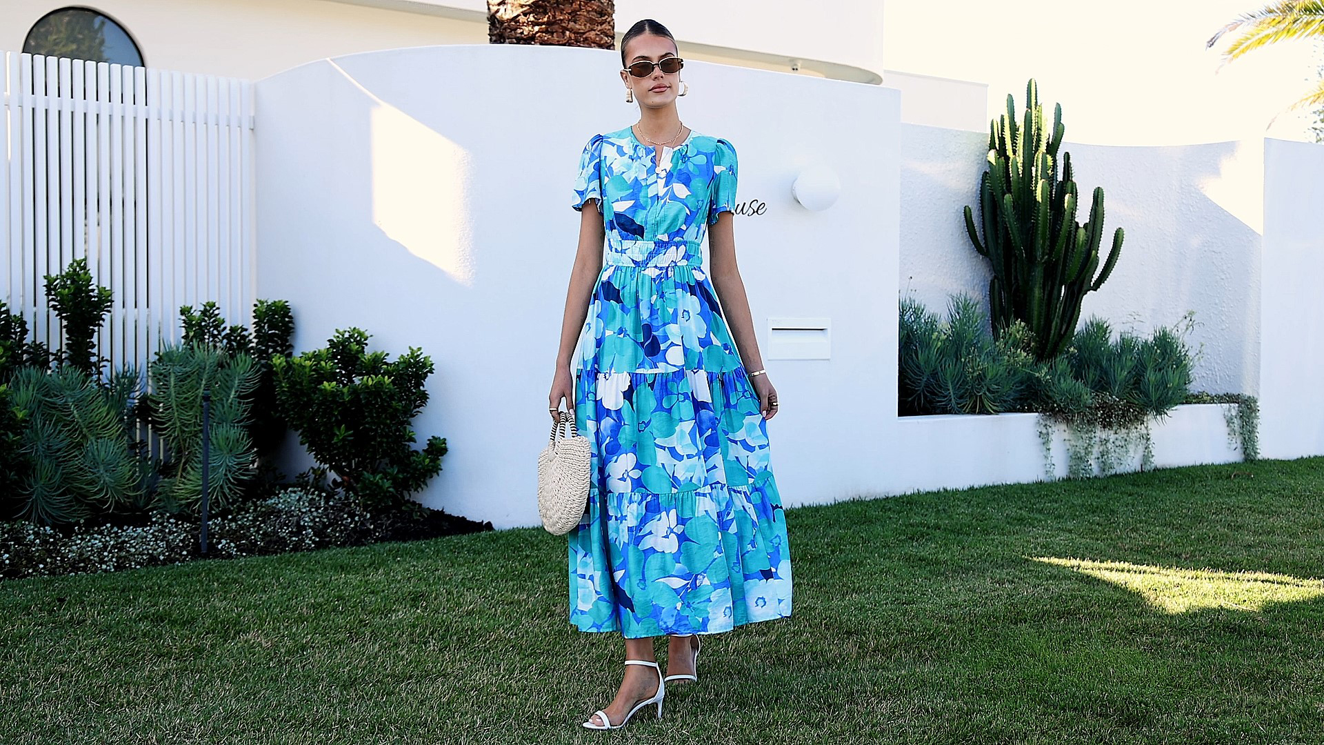 anna vlasova green dress Blue Floral Cotton Midi Wrap Dress With Puff Sleeves L
