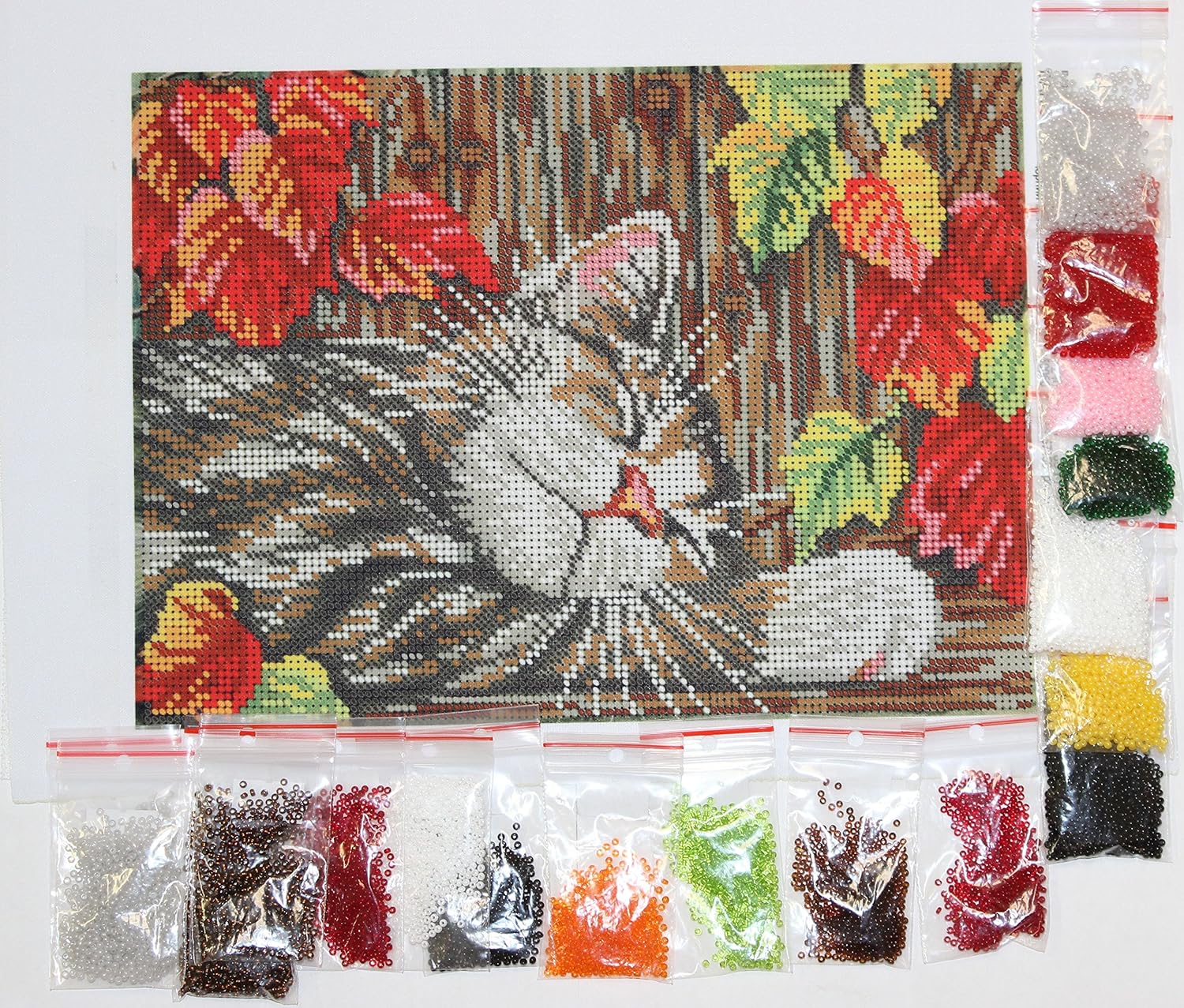 Beaded Embroidery Kit DIY Cat in the Leaves Canvas Bead Set