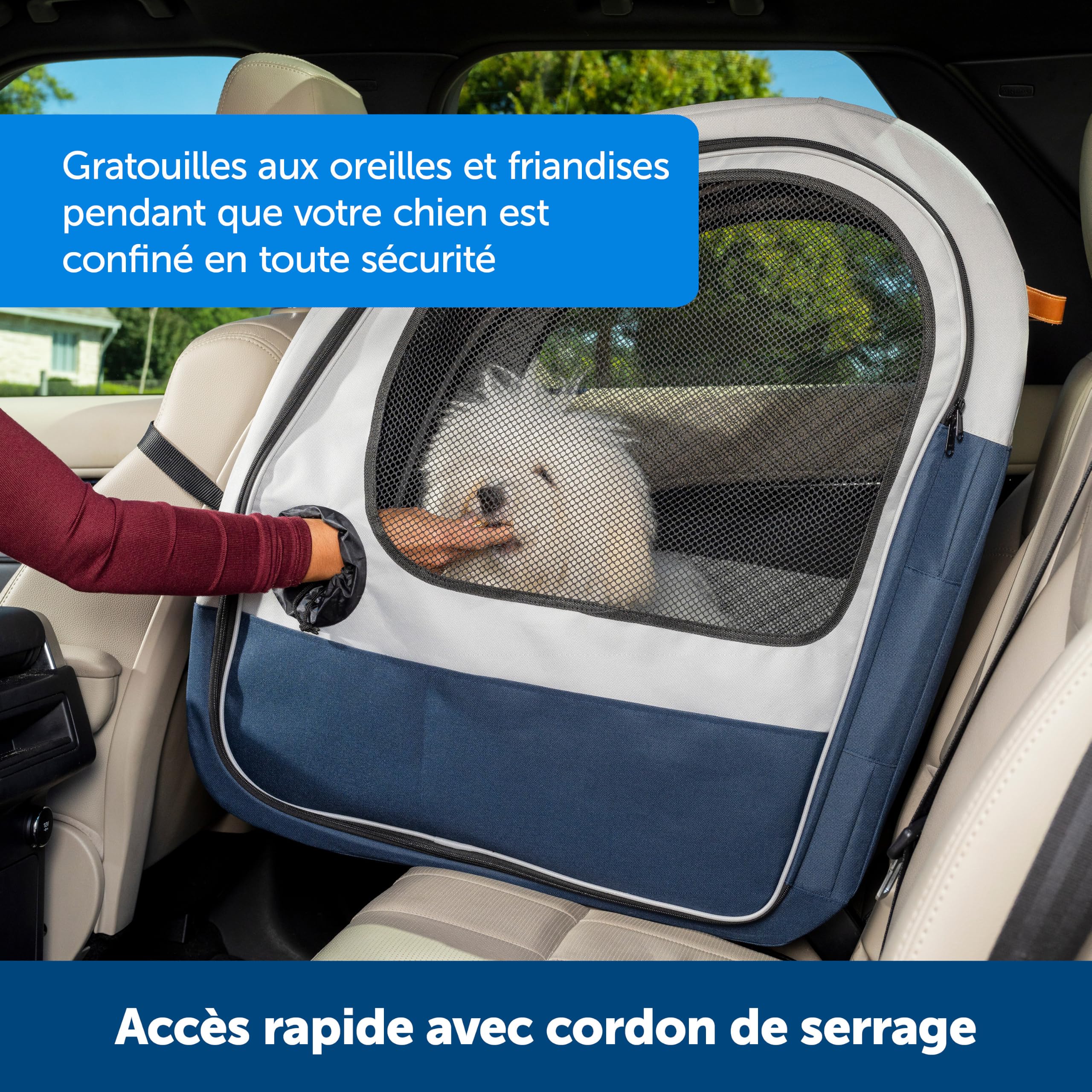 PetSafe Cabine de Voyage Pliable pour Animaux jusqu'à 27 kg, se Plie pour Un Rangement Facile, Doublure molletonnée,Lavable en Machine, 2 Poches de Rangement, Gris/Bleu étanche, Lavable à la Machine