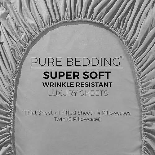 Miniatura 5 de Pure Bedding  Sábanas matrimoniales 6 piezas, gris claro, microfibra cepillada 1800 de lujo de hotel, suave y transpirable, sábana bajera de