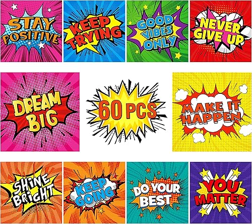 60 tarjetas motivacionales de superhéroes, 10 diseños inspiradores de pared, letreros decorativos de palabras positivas, juego de detalles coloridos