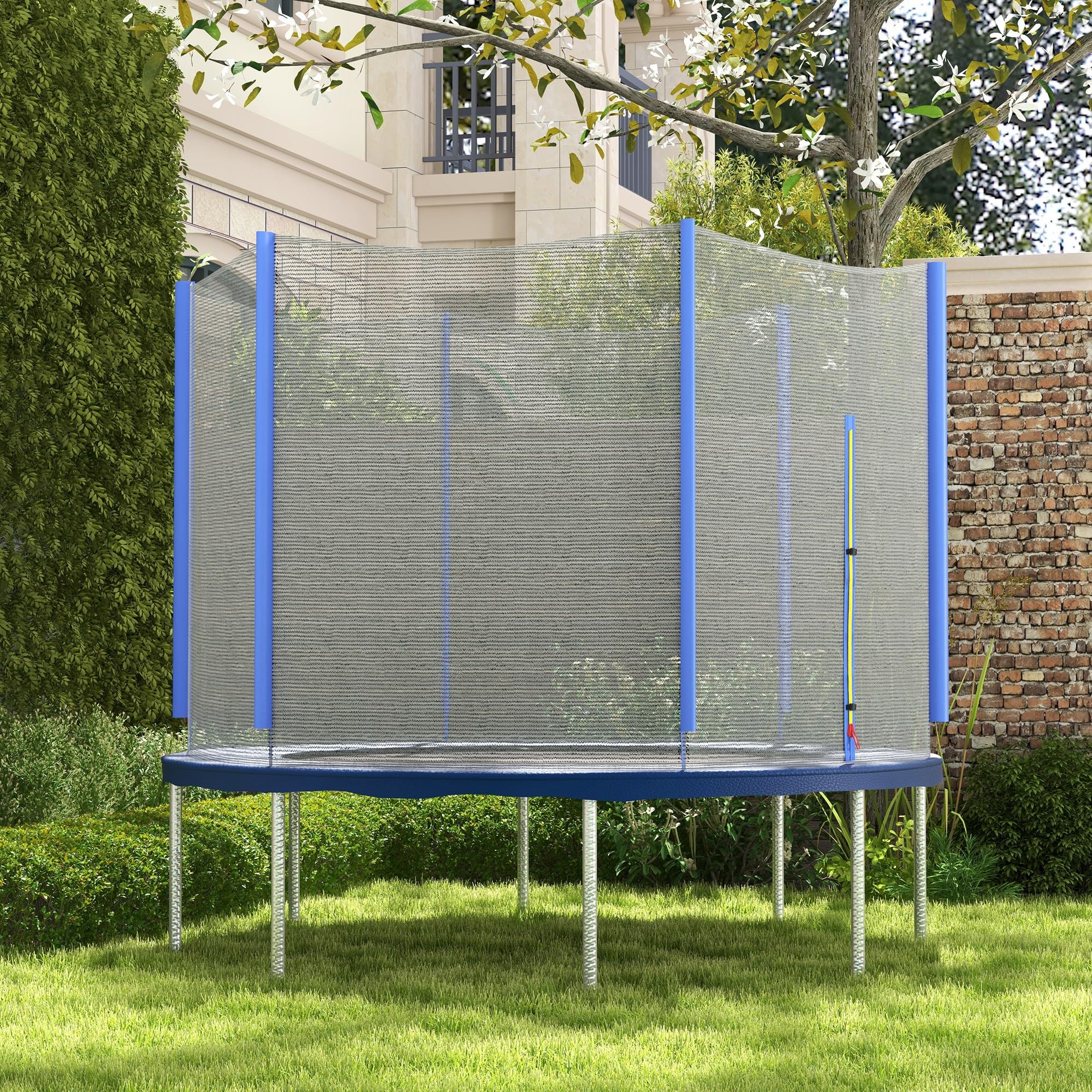 SPORTNOW Rete di Protezione per Trampolini Elastici a 6 Pali con Ingresso con Cerniera, Rete Protettiva per Trampolini in PE, Ø305x180 cm, Nero e Blu