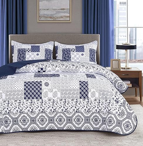 zhuzai Juego de edredón de retazos tamaño matrimonialqueen ropa de cama floral azul y blanco suave ligero reversible de microfibra para todas las