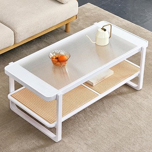 Miniatura 3 de Mesa de centro moderna minimalista blanca de doble capa de madera maciza. Mesa de cristal, mesa con borde de ratán de imitación. Mesa rectangular