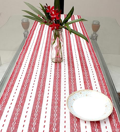 Cotton Candy Table Runner for 6 Seater Dining Table, Cotton - 14 x 72 inches, Red & White, Striped Pattern (Mod_ams80)