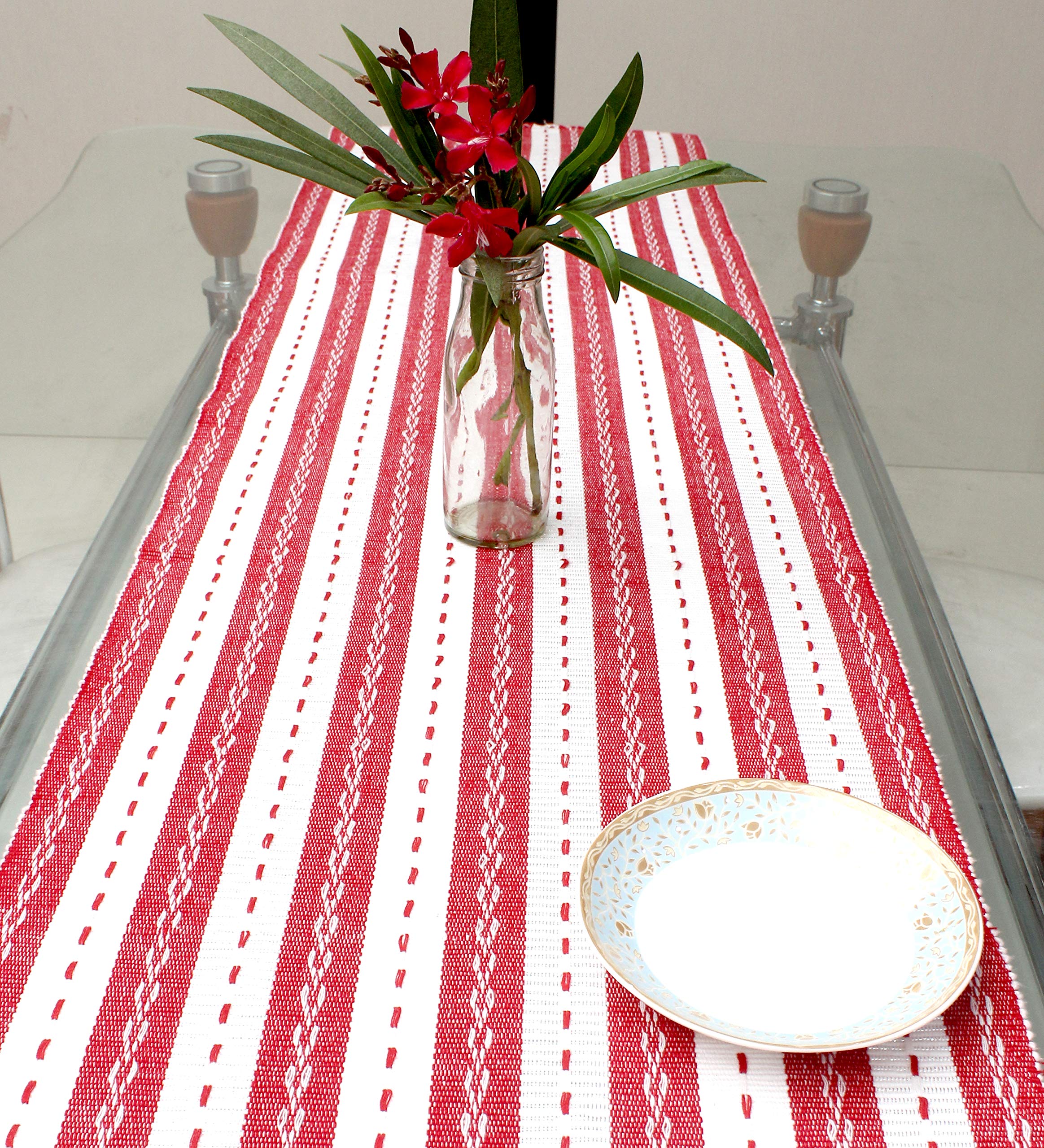 Cotton Candy Table Runner for 6 Seater Dining Table, Cotton - 14 x 72 inches, Red & White, Striped Pattern (Mod_ams80)
