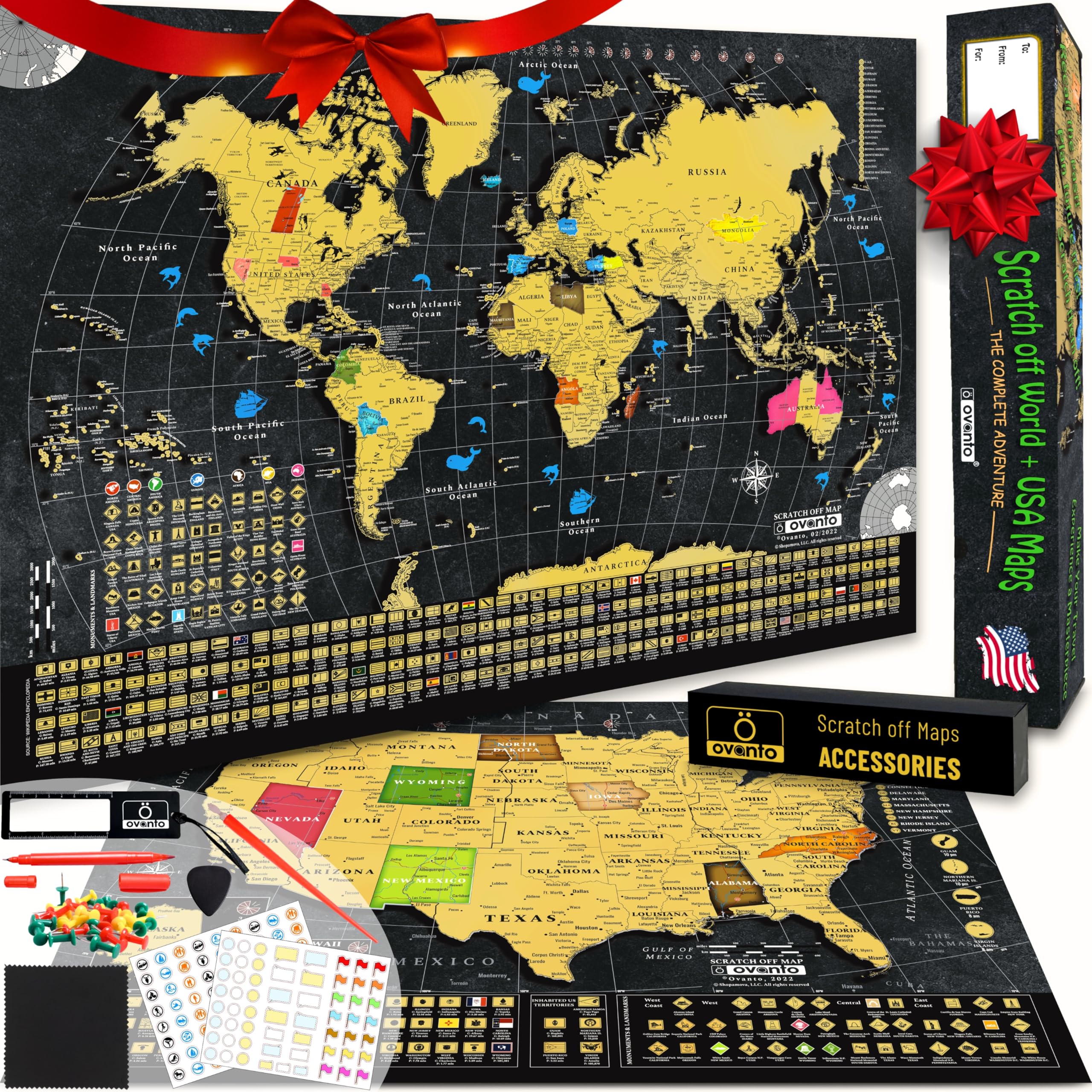 OVANTO Scratch Off World Map + USA Map – 17x24” Wall Travel Posters with 196 Flags, Gold Foil, Pins & Accessories – Premium Gift Box for Travelers, Couples, Home or Office Decor