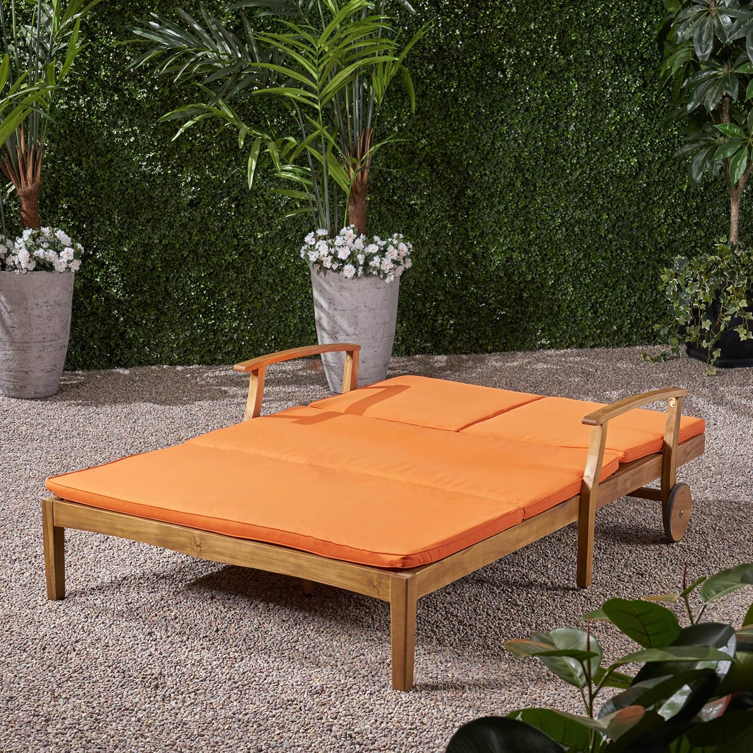 Teak Double Chaise Lounge with Orange Cushions