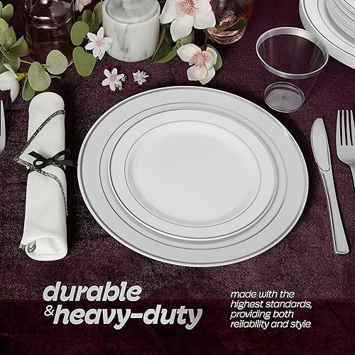 Miniatura 7 de Juego de vajilla de plástico plateado de 600 piezas para 100 invitados, platos de plástico plateado para fiestas, juegos de platos de fiesta para