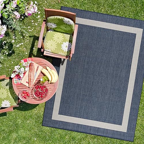 CAMILSON Outdoor Rug - Modern Area Rugs for Indoor and Outdoor patios, Kitchen and Hallway mats - Washable Outside Carpet (9x12, Bordered - Blue/White)