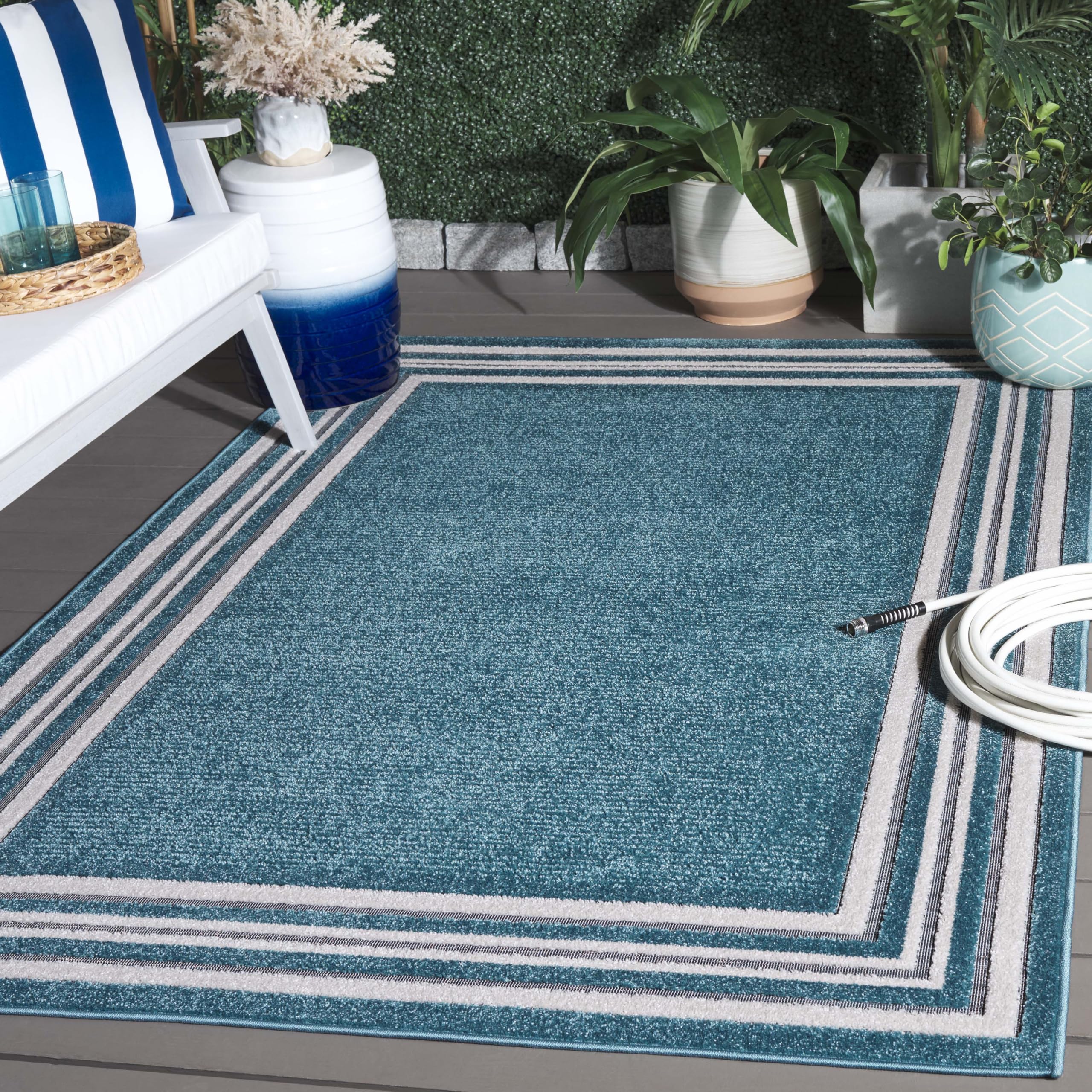 SAFAVIEH Washable Rug Outdoor Cabana Collection - 6'5" Square, Turquoise & Ivory, Non-Shedding & Easy to Clean, Ideal for Patio, Backyard, Mudroom (