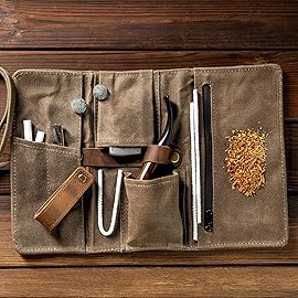 Whitluck\'s Tobacco Pipe with Waxed Canvas Pipe Roll, Handmade Wood Smoking Pipe with Ultimate Beginner Guide E-Book, Travel Tobacco Pouch - Smoking Gift Set and Accessories
