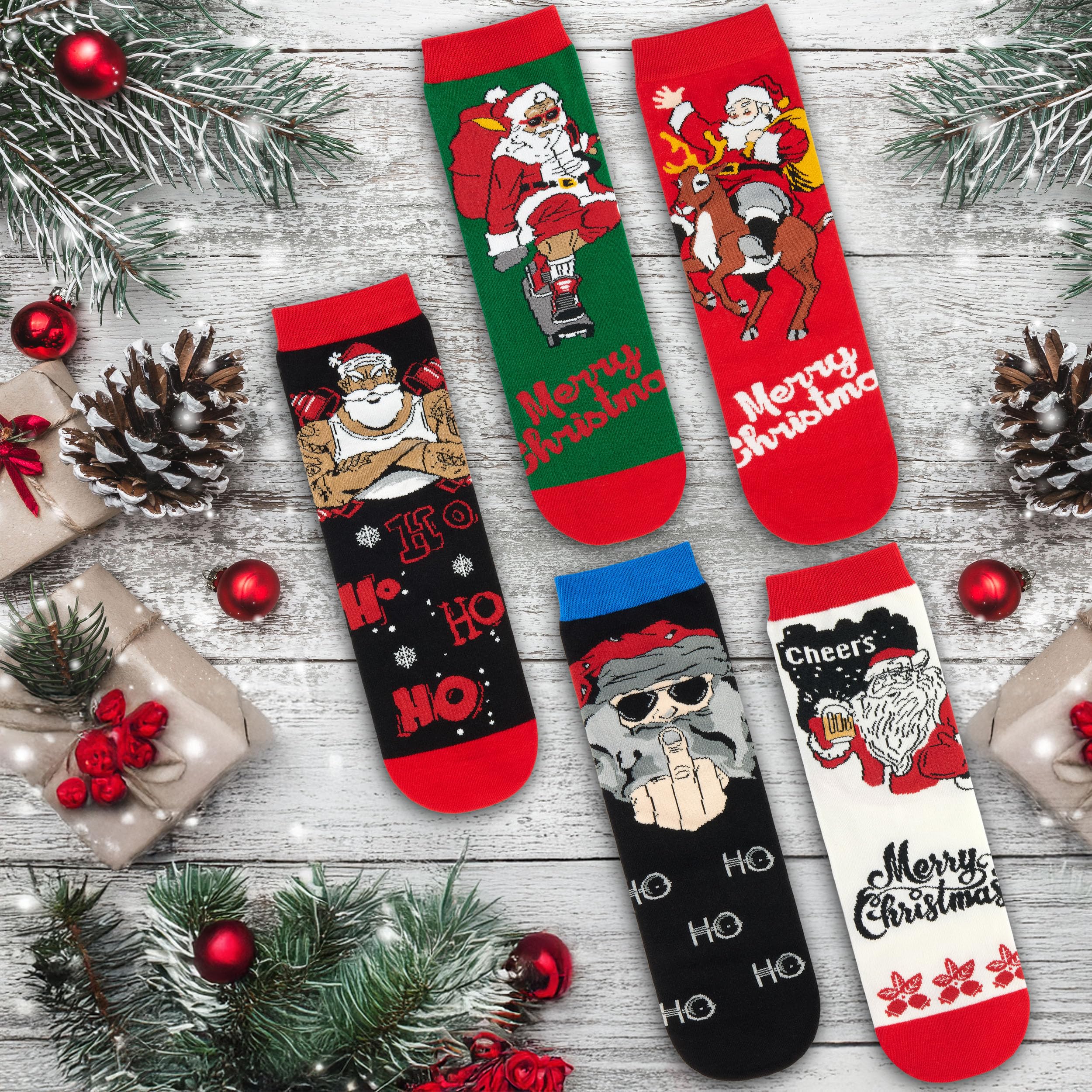 BRUBAKER 5 Par Skarpetek Świątecznych - Cool Santa - Kolorowe i Stylowe Skarpetki Bożonarodzeniowe dla Mężczyzn - Zabawny Zestaw Skarpet Męskich - Bawełniane Stopki z Mikołajem - Rozmiar 41-45