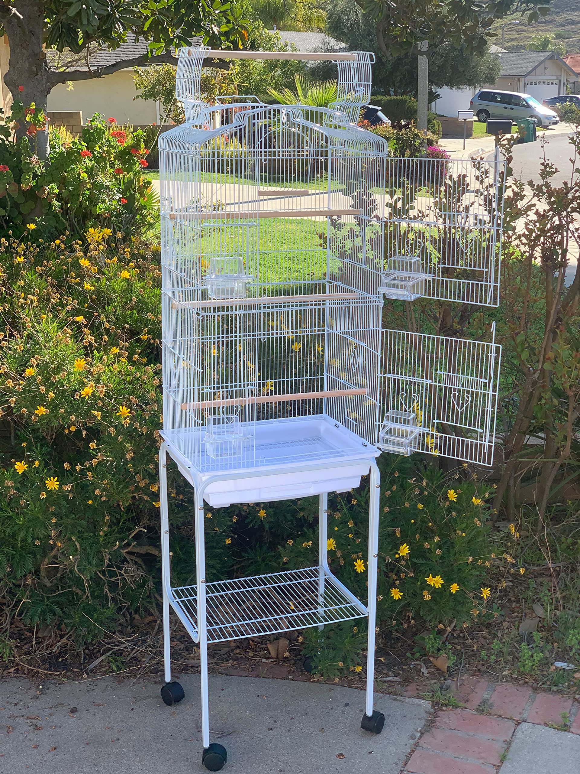 62" Rolling Bird Parrot Open/Close Play Top Home Cage Side Nesting Box Doors for Canary Parakeet Cockatiel Lovebird Finch Perch with Removable Rolling