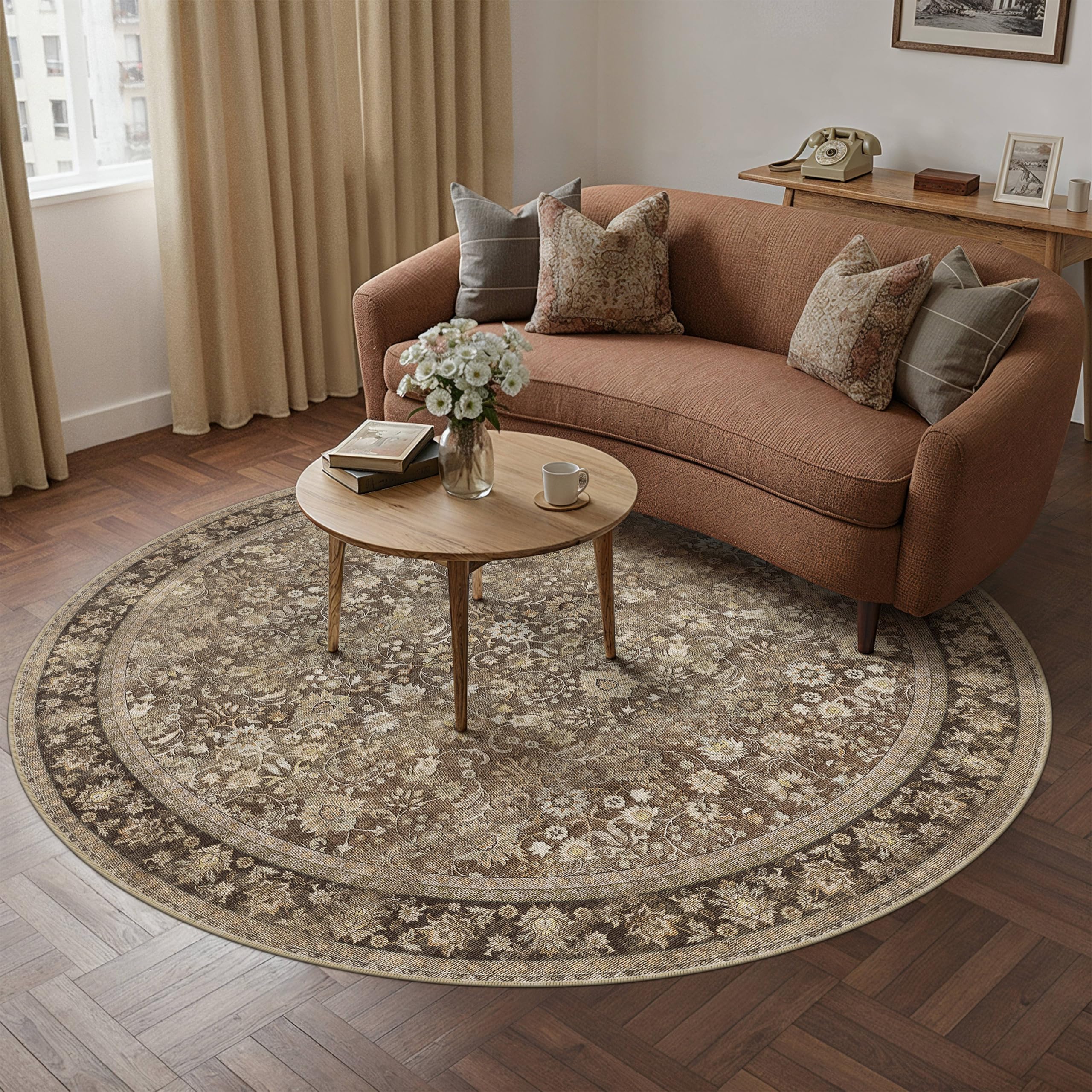 hugear round rug 6ft entryway rugs machine washable brown hallway area rug 6x6 large circle accent rug floral low pile carpet soft throw rug living room office laundry room entrance non slip
