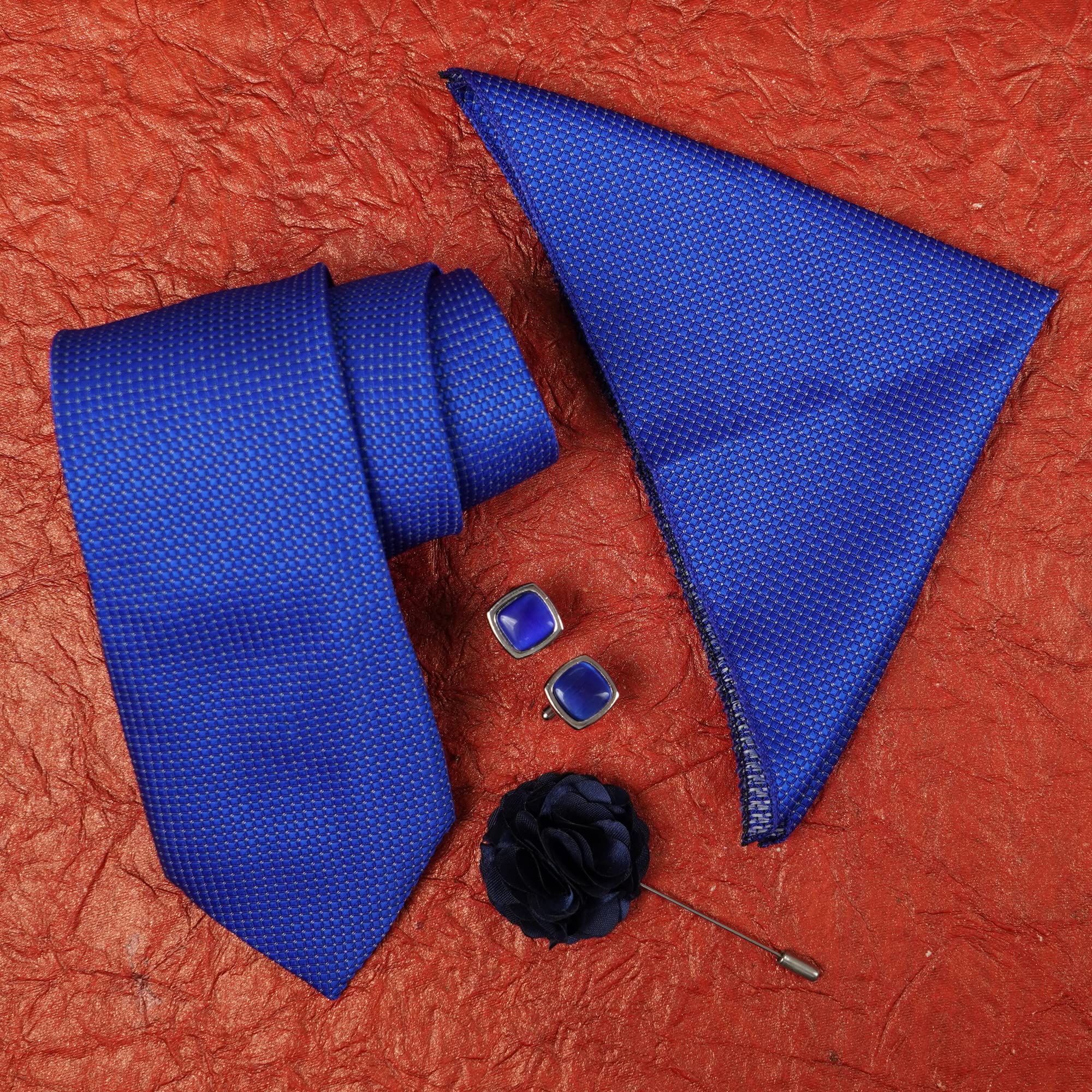 RIZORO Tie for Men – Dotted Silk Neck Ties Set with Cufflinks Flower Pin, Pocket Square & Black Gift Box, Combo Necktie Sets for Office Wear, Formal Suits & Weddings (Royal Blue, A10RXRX) 4