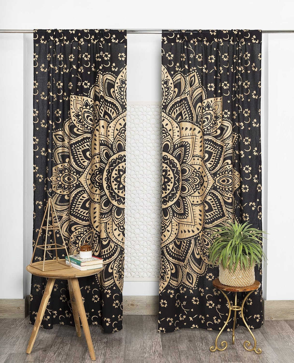 Popular Handicrafts Printed Curtains for Living Room Set of 2 Indian Hippie Bohemian Beautiful Ombre Color Mandala Curtain for Bedroom Panels White Gold 42 x 100 Inch