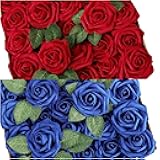 AmyHomie 25pcs red and 25pcs Royal Blue Roses Real Looking Fake Roses w/Stem for DIY Wedding Bouquets Centerpieces Arrangements Party Baby Shower Home Decorations