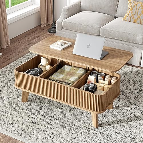 Mesa auxiliar con parte superior acanalada con almacenamiento, mesa de centro de madera moderna con compartimento superior oculto para sala de
