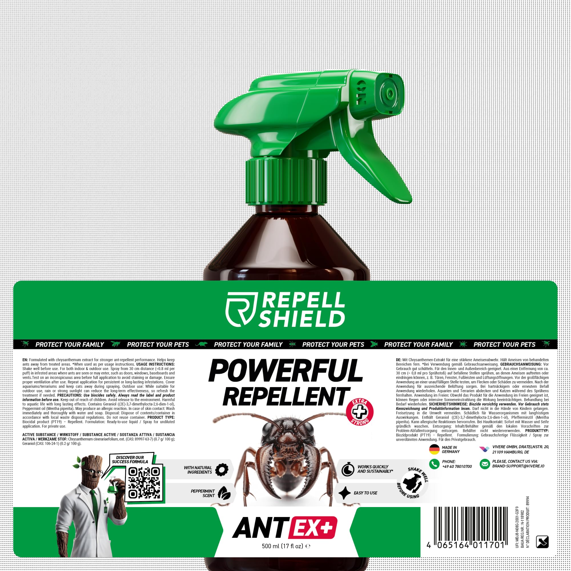 RepellShield® Spray Anti Fourmis Maison Intérieur et Extérieur - Barrière Répulsive à Base de Plantes pour Cuisine, Jardin, Portes et Fenêtres - Extrait de Chrysanthème - sans Tache ni Résidu, 250ml