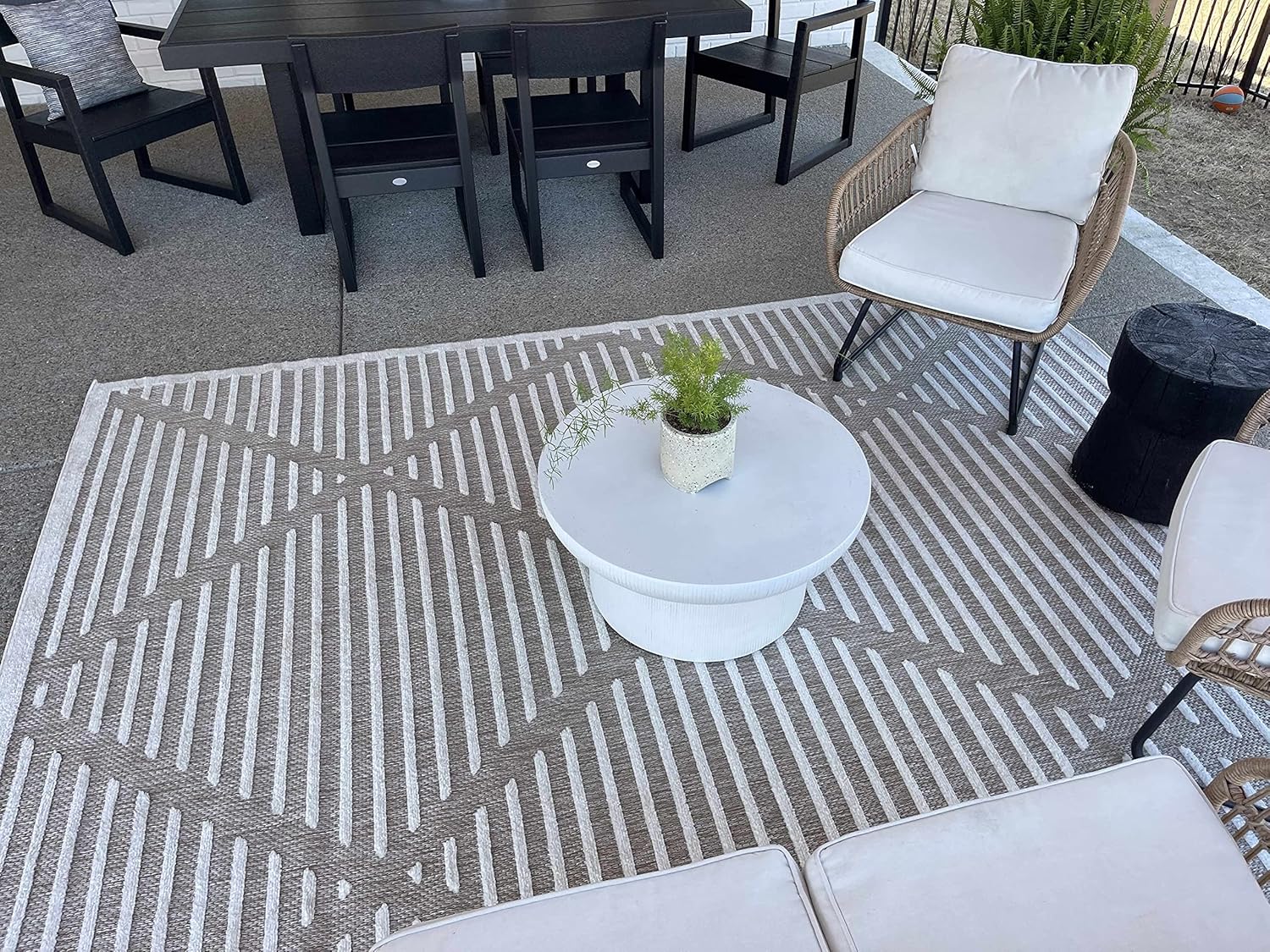 Hauteloom Nerys Moroccan Geometric Area Rug - Outdoor Safe - Striped Diamond Performance Carpet for Porch, Patio, Living Room - High Traffic Rug - Beige, White, Brown - 6'7" x 9' (6x9 Area Rug)