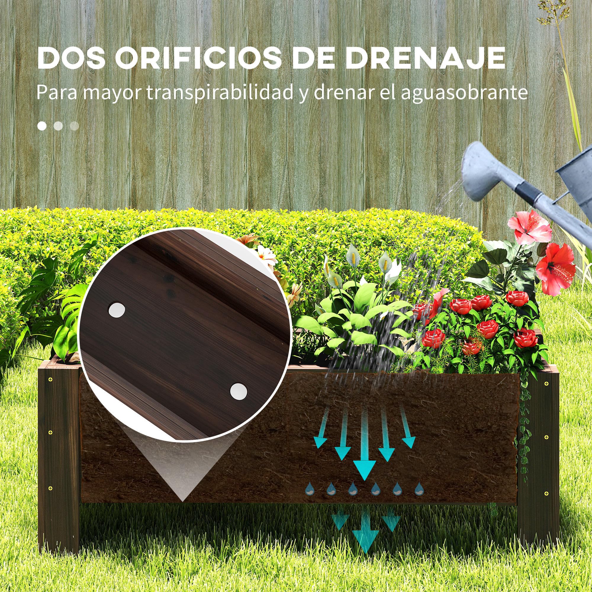 Outsunny Huerto Urbano Jardinera con Patas Elevadas 100x36,5x36 cm Marrón | Jardinera de Madera Rectangular Exterior, 2 Drenajes, para Flores Plantas Cultivos
