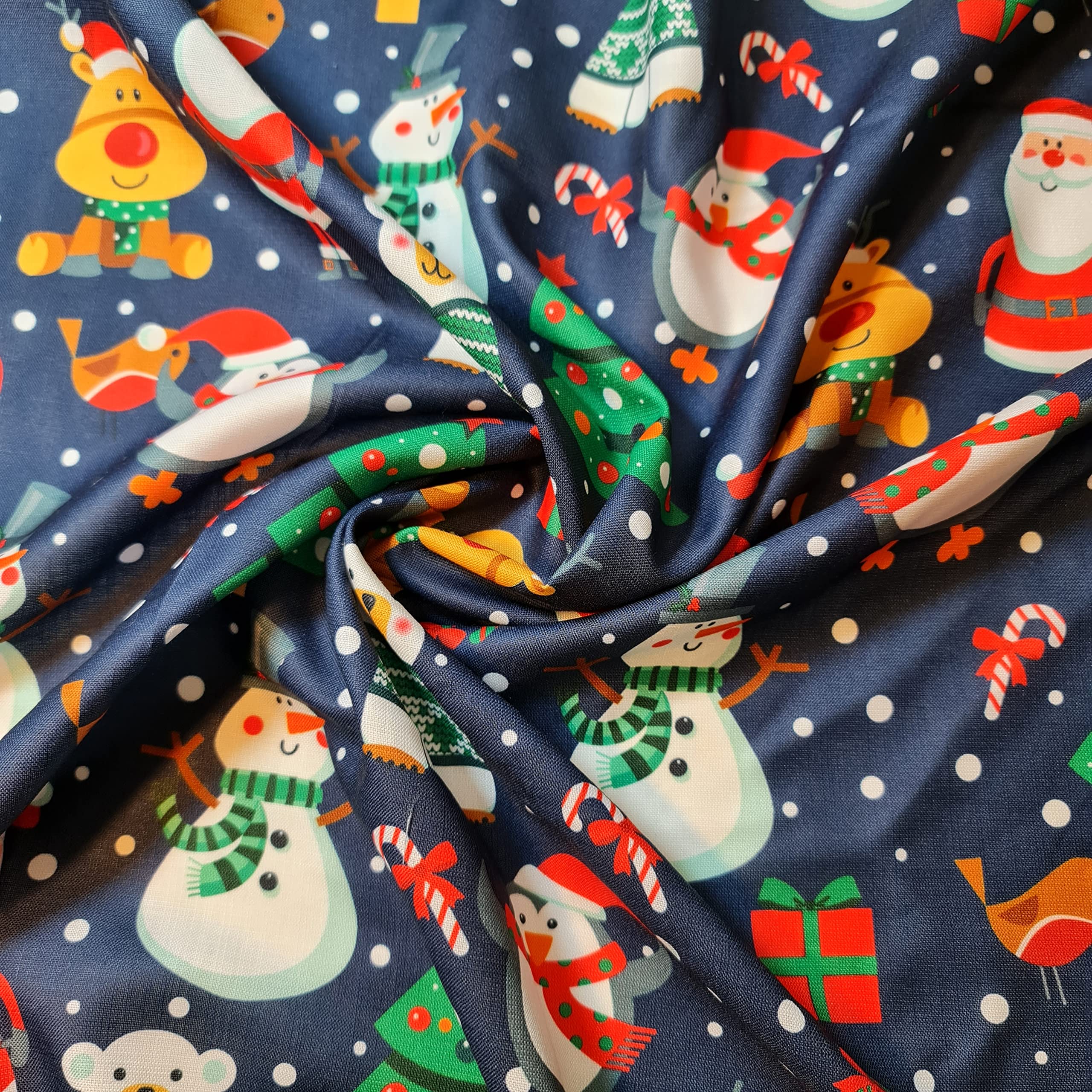Soft Linen Look Fabric Kids Polycotton Nursery Cartoon Dress Material Craft 58" (Christmas Navy)
