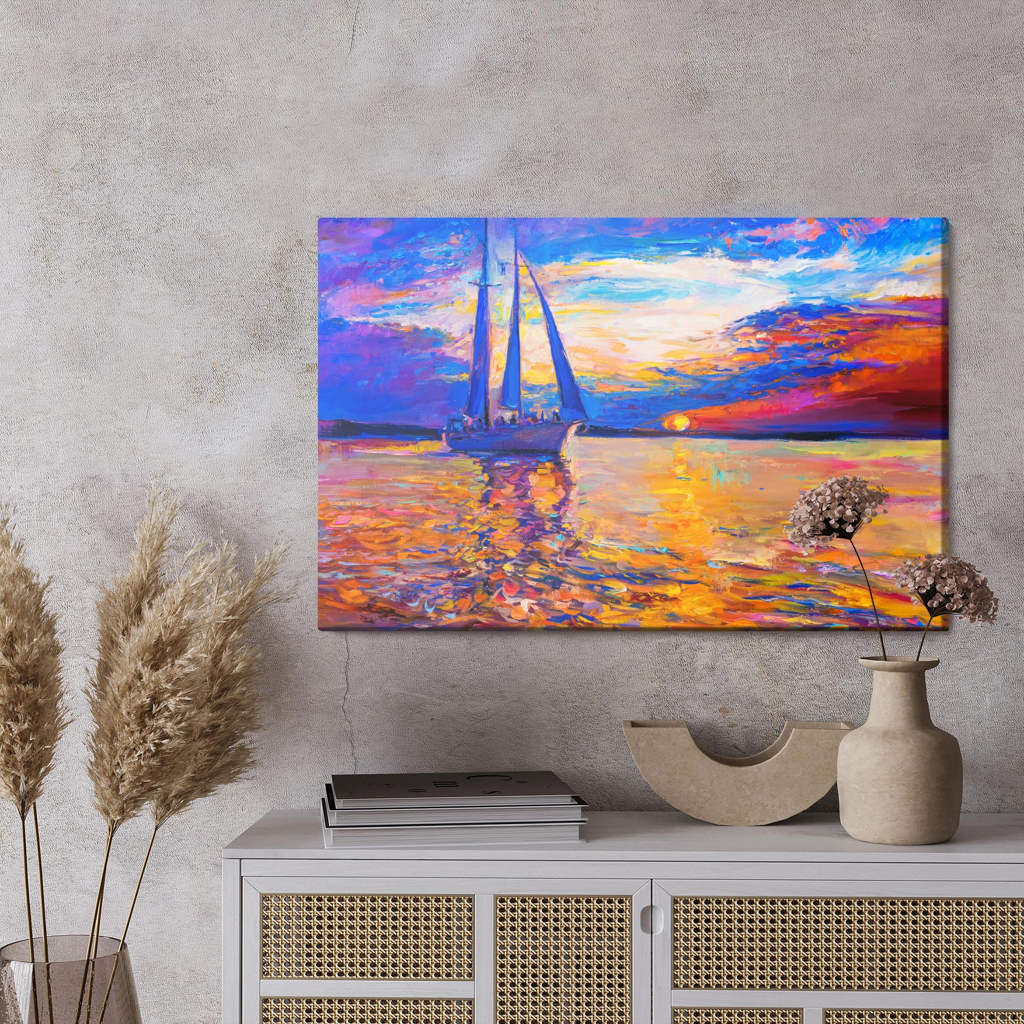 WALLERO HandArt Leinwandbild Farbiger Sonnenuntergang am Meer – mit Struktur-Effekt | Kunstbilder wie handbemalte Wandbilder für Wohnzimmer Schlafzimmer Flur 70x50