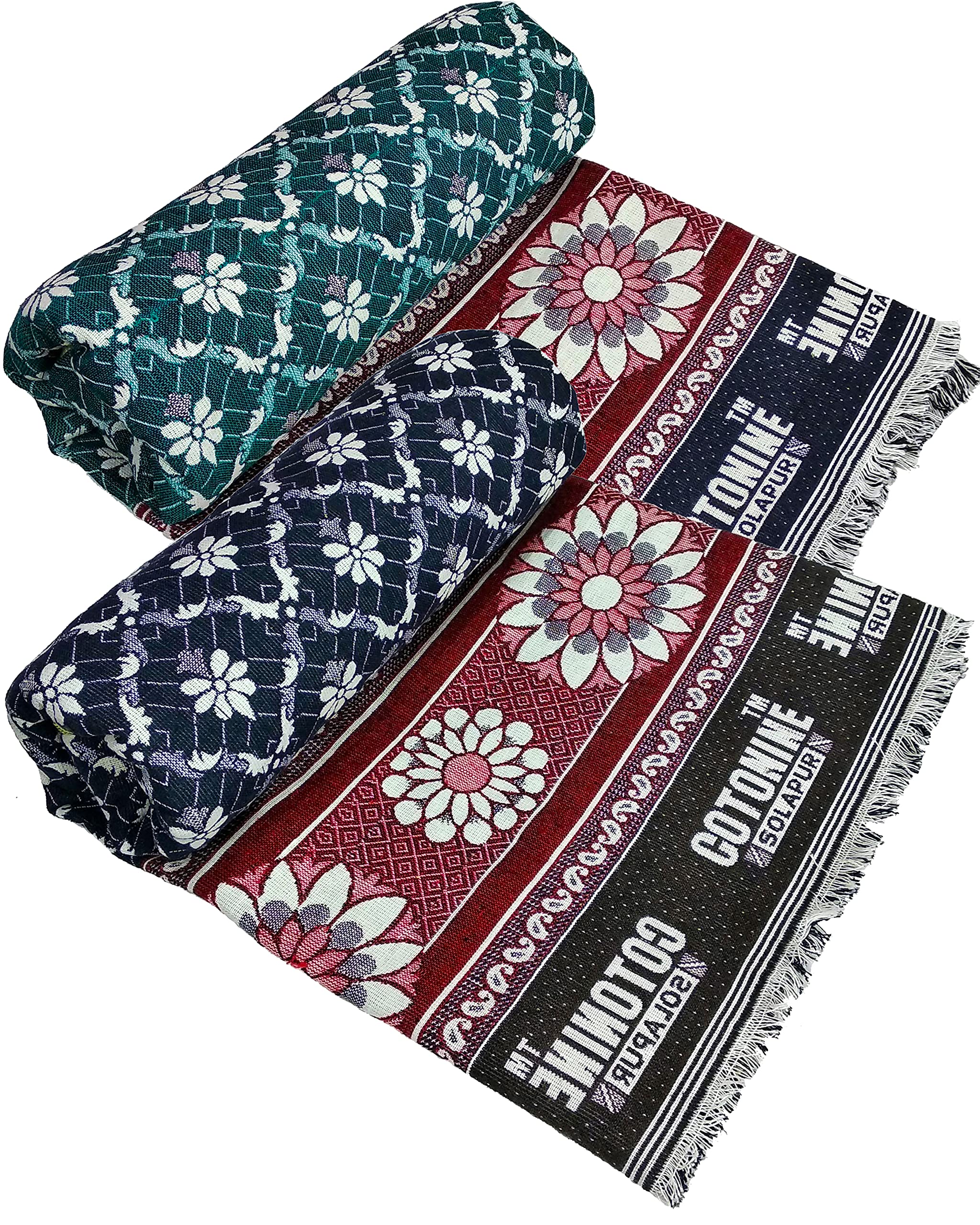 CotonineCotton Single Size Solapur Chaddar Daily use Blanket, Blue & Green Pack of 2