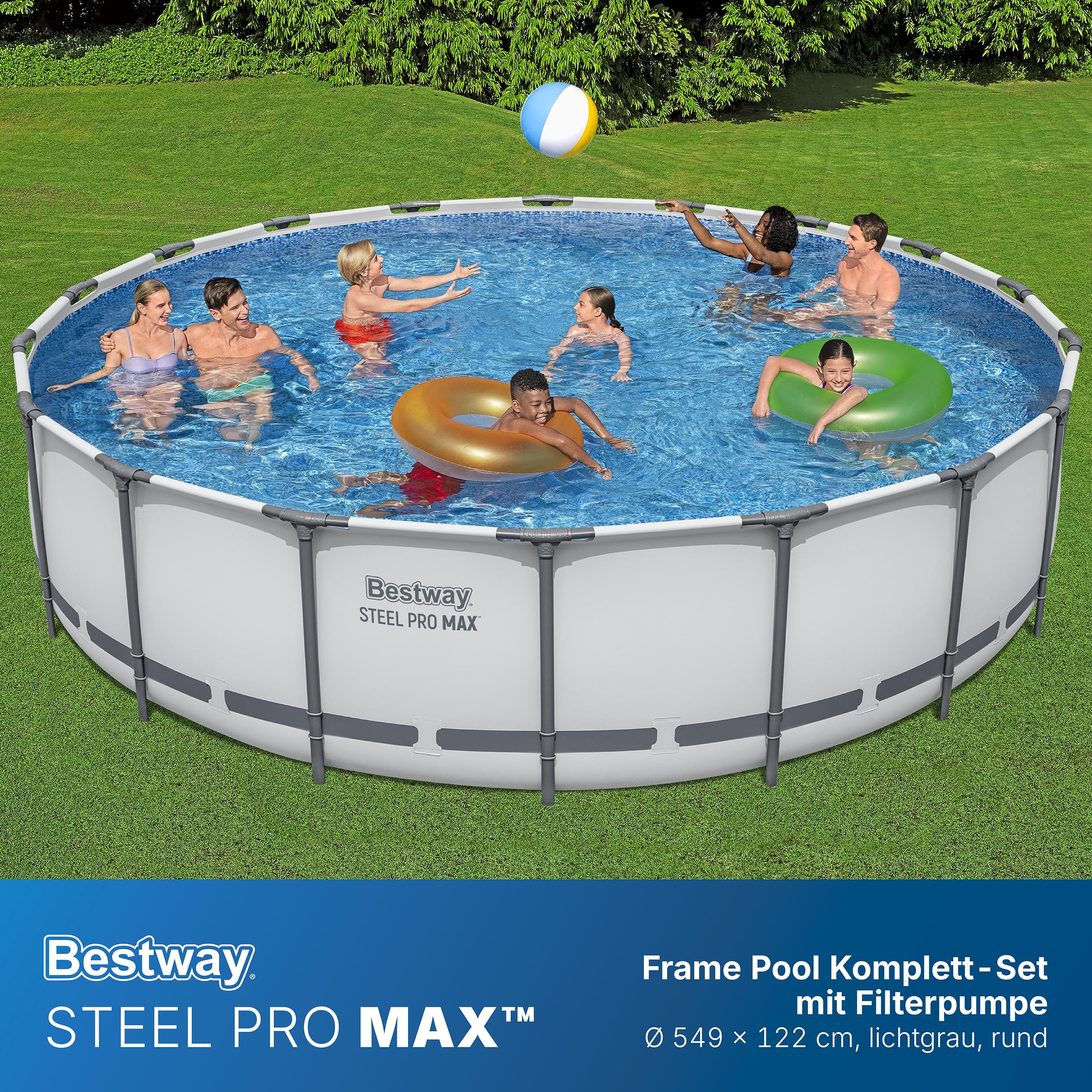 Bestway Steel Pro MAX Frame Pool Komplett-Set mit Filterpumpe Ø 549 x 122 cm, lichtgrau, rund