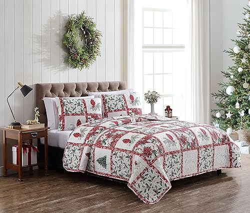 Miniatura 2 de Beatrice Home Fashions Juego de ropa de cama ligera para cama individual, diseño de muérdago, acebo, flor de pascua, rojo, verde, blanco