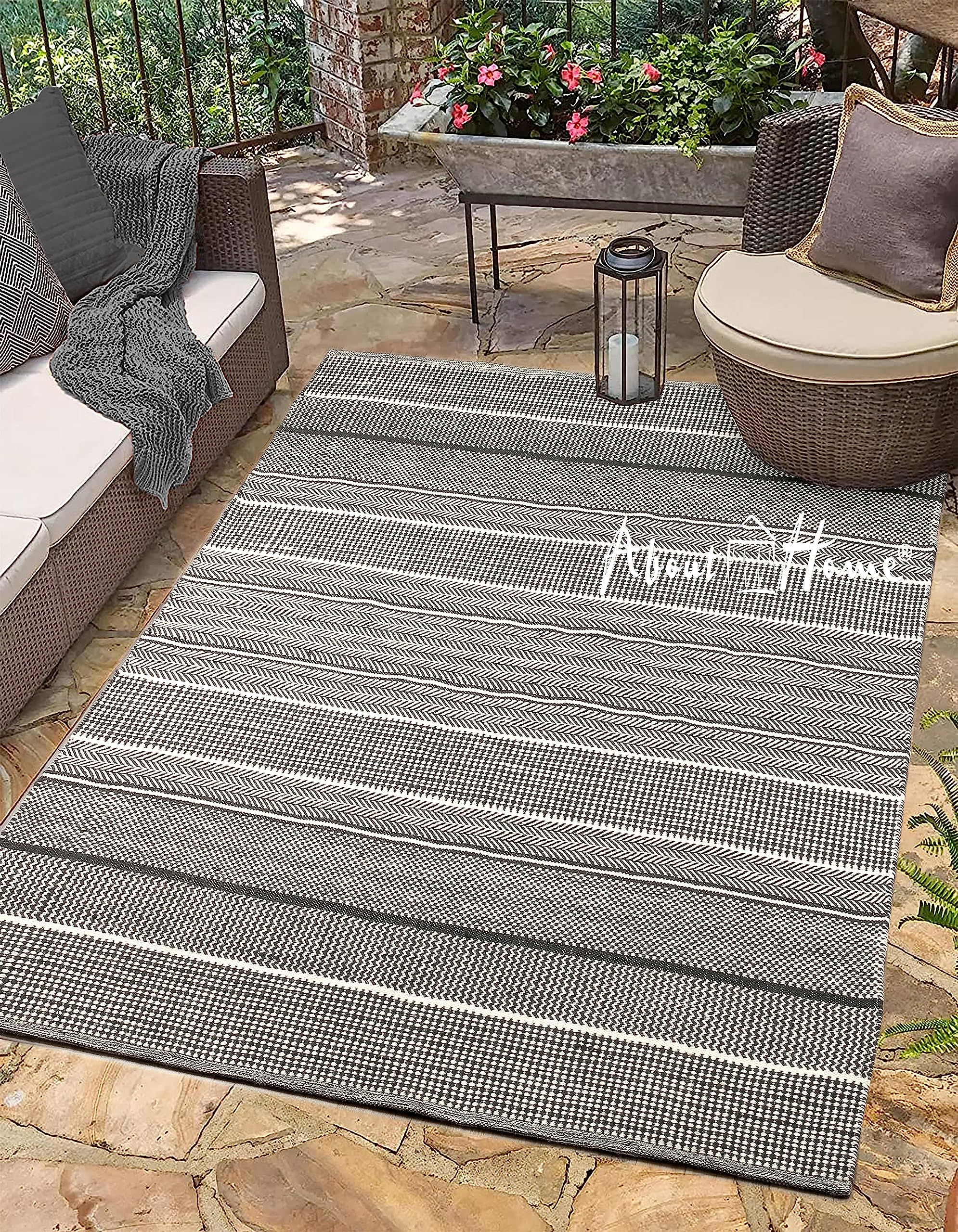 About Home Handwoven Rug for Patio, Garden Picnic, Camping, BBQ, Beach, Balcony, conservatory. Waterproof, Reversible, made from recycled plastic yarn (Black/White, 120 x180 cm)