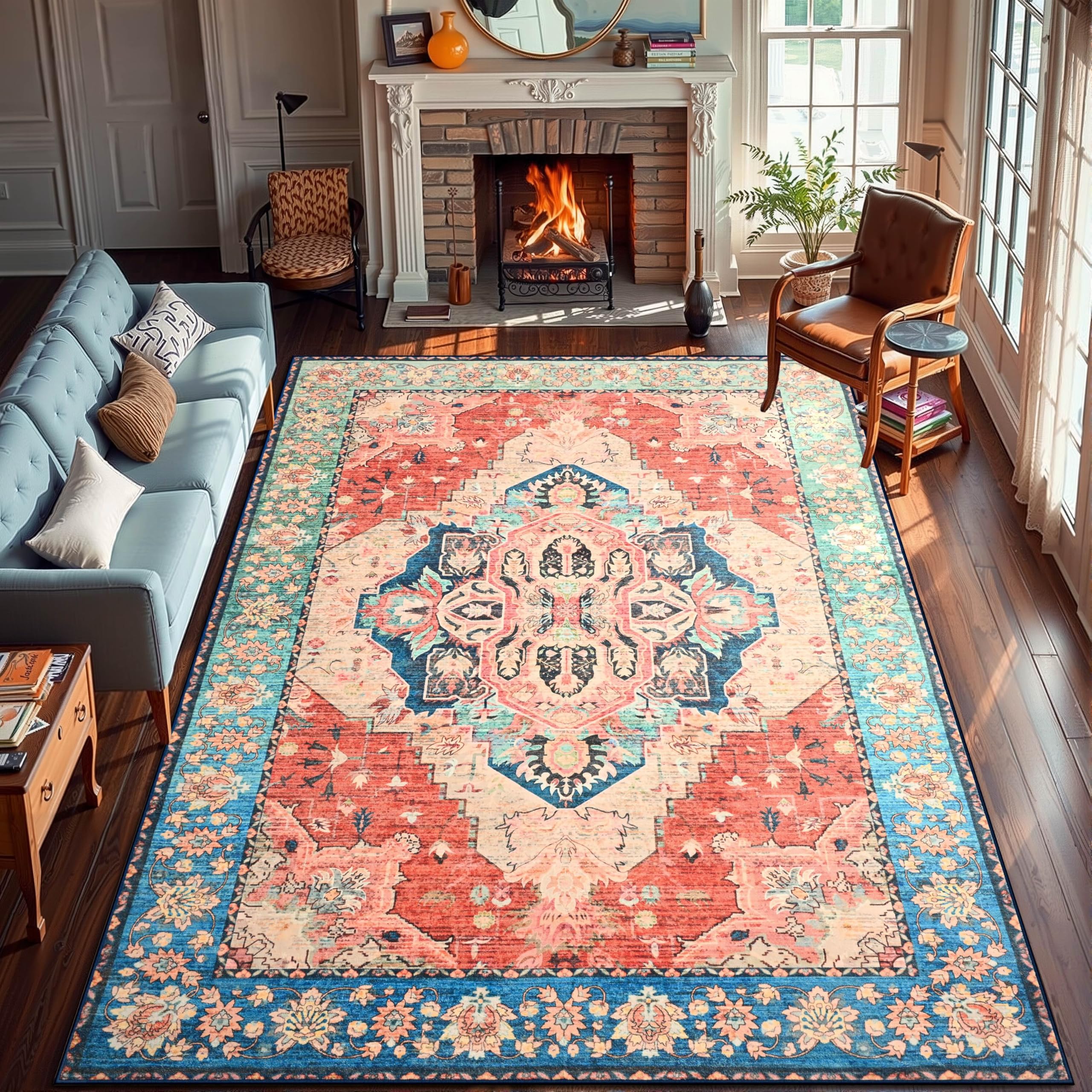 YJ.GWL Area Rugs for Living Room 8x10 Machine Washable Rugs, Non Slip Floral Vintage Rug Indoor Carpet, Stain Resistant Large Rug for Bedroom Dining
